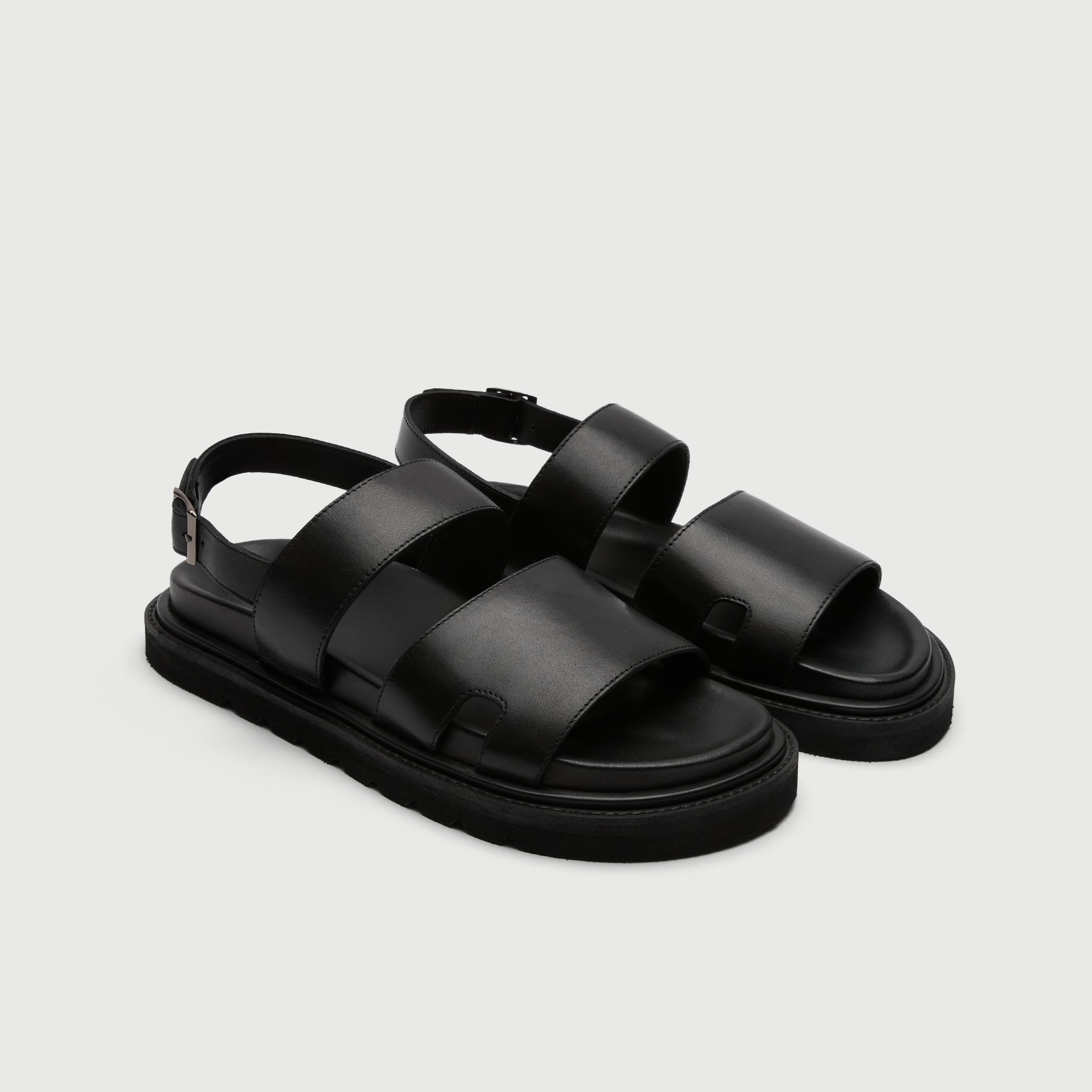 Walk London Ezra Backstrap Black Leather Men's Sandal three quarter view