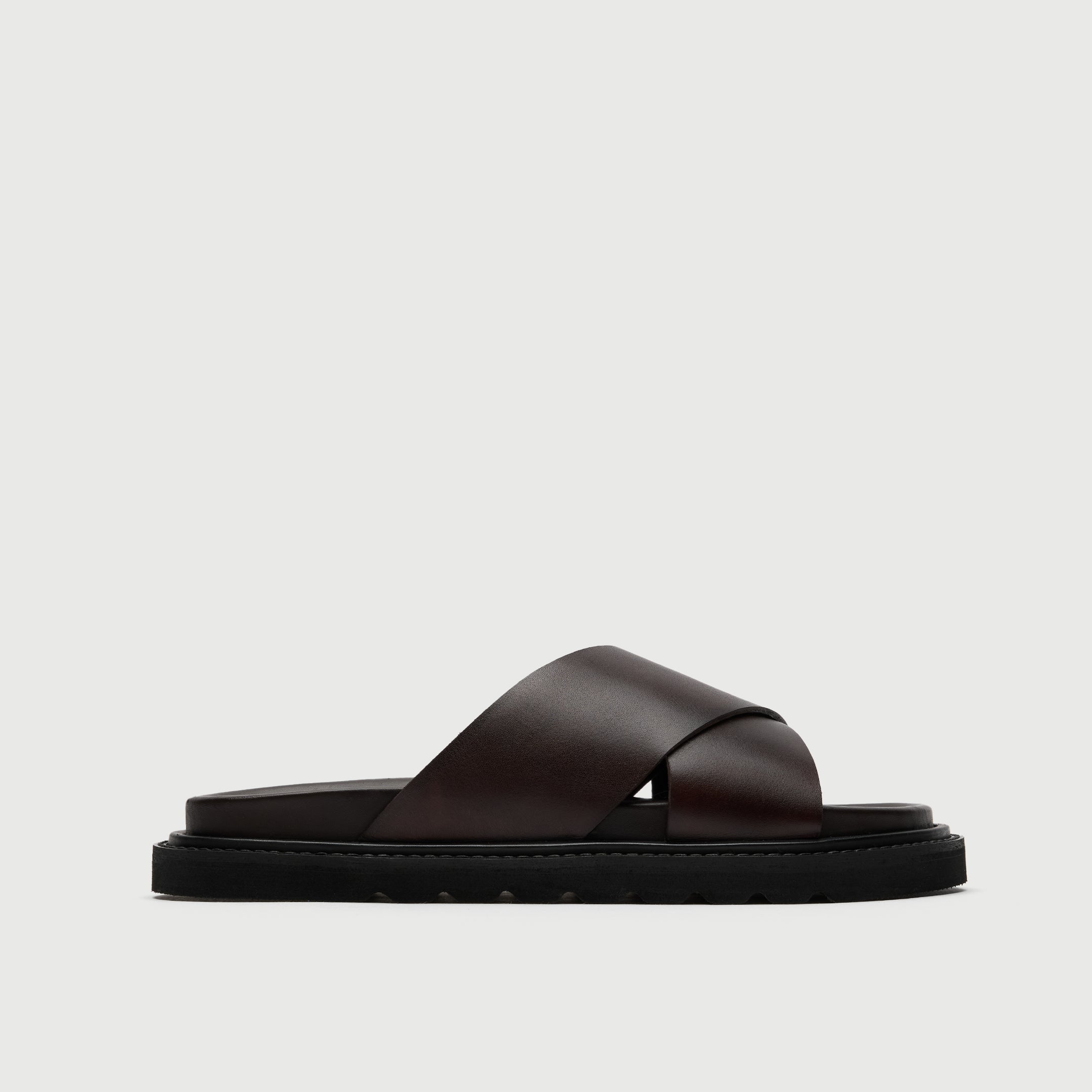 Walk London Ezra Cross Strap Brown Leather Men's Sandal side view