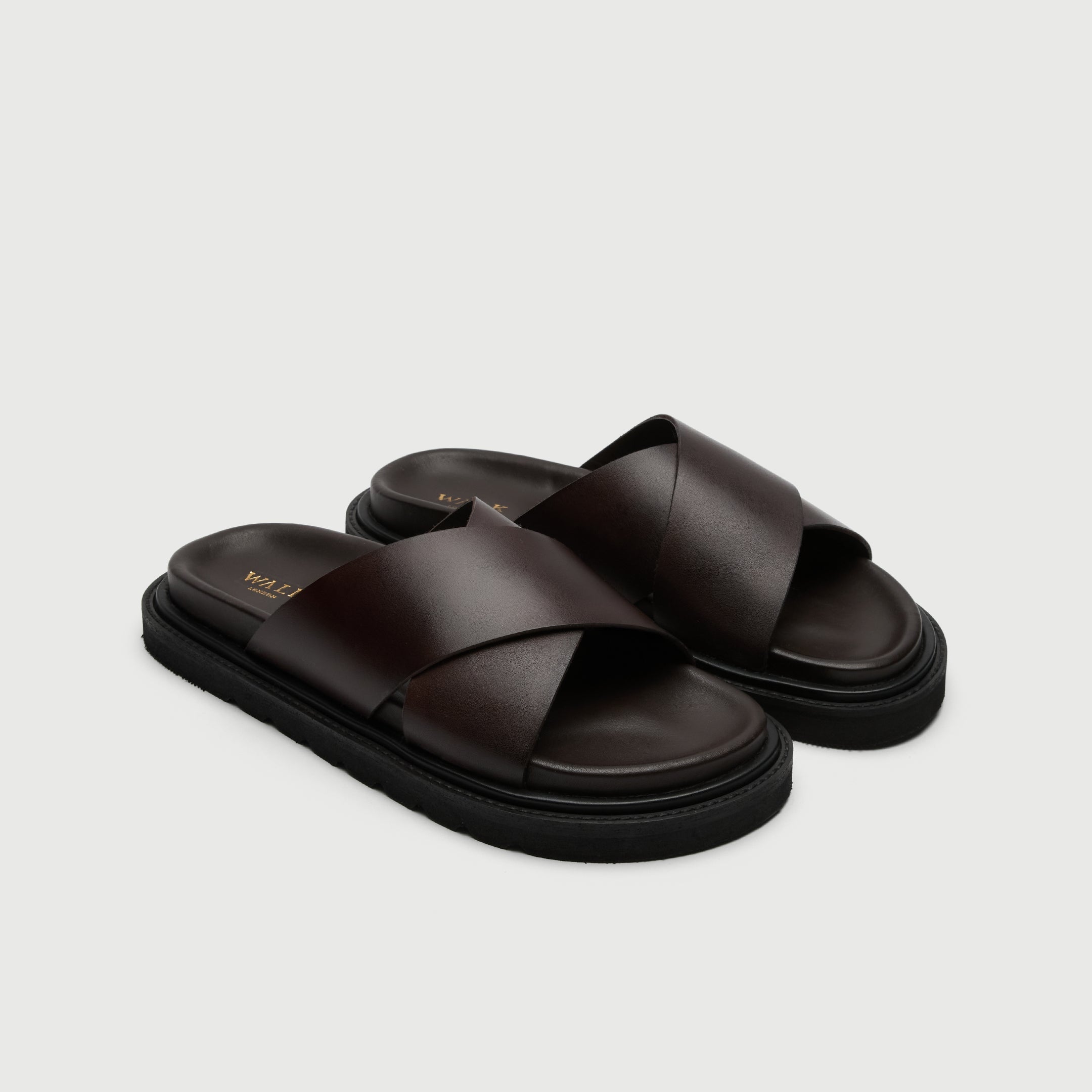 Walk London Ezra Cross Strap Brown Leather Men's Sandal three quarter view