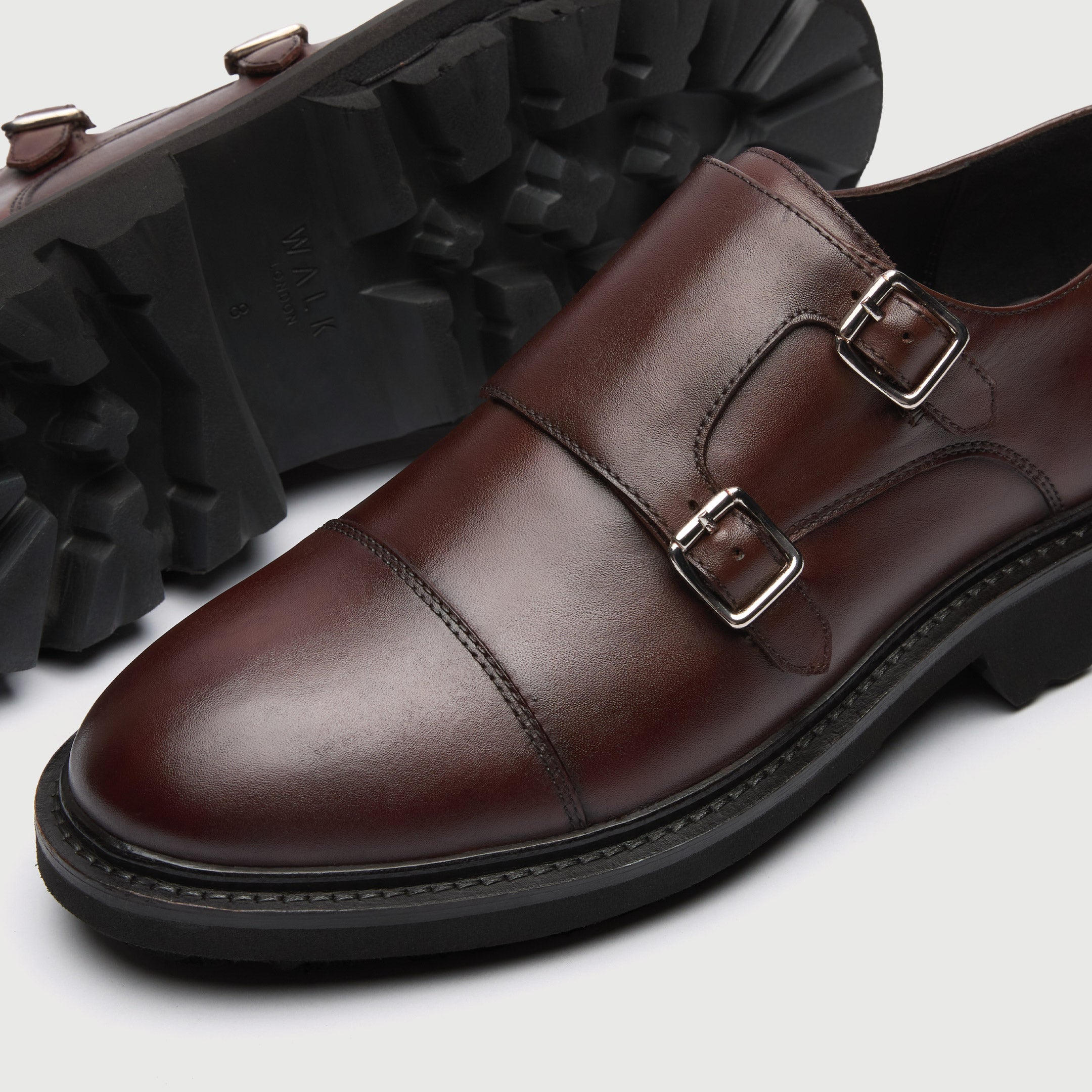 WALK London Mens Felix Monk Strap in Brown Leather