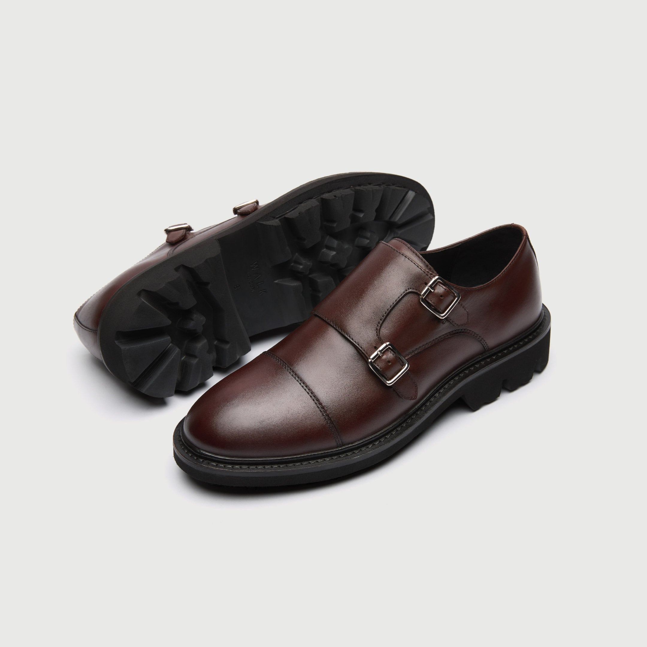 WALK London Mens Felix Monk Strap in Brown Leather