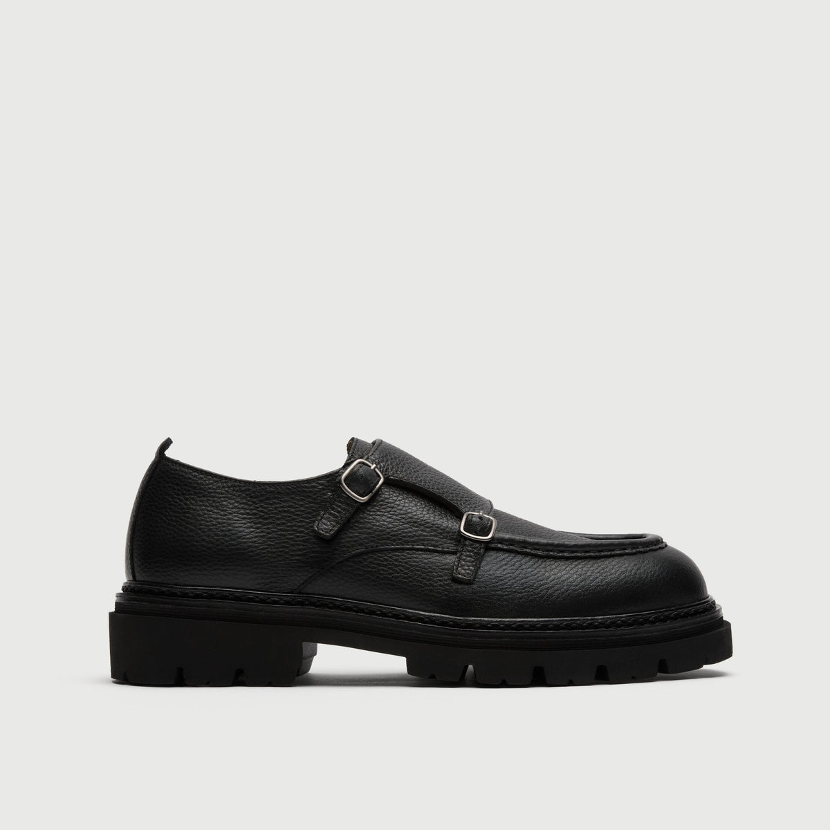 Walk London Finchley Double Monk Shoe in black grain leather side view