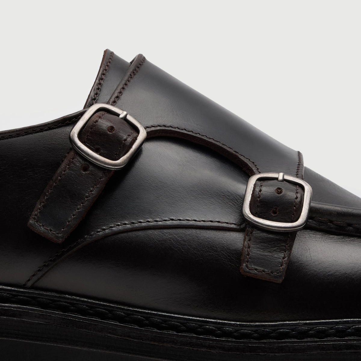Walk London Finchley Monk Shoe in very dark brown leather close up of strap with two silver-tone buckles