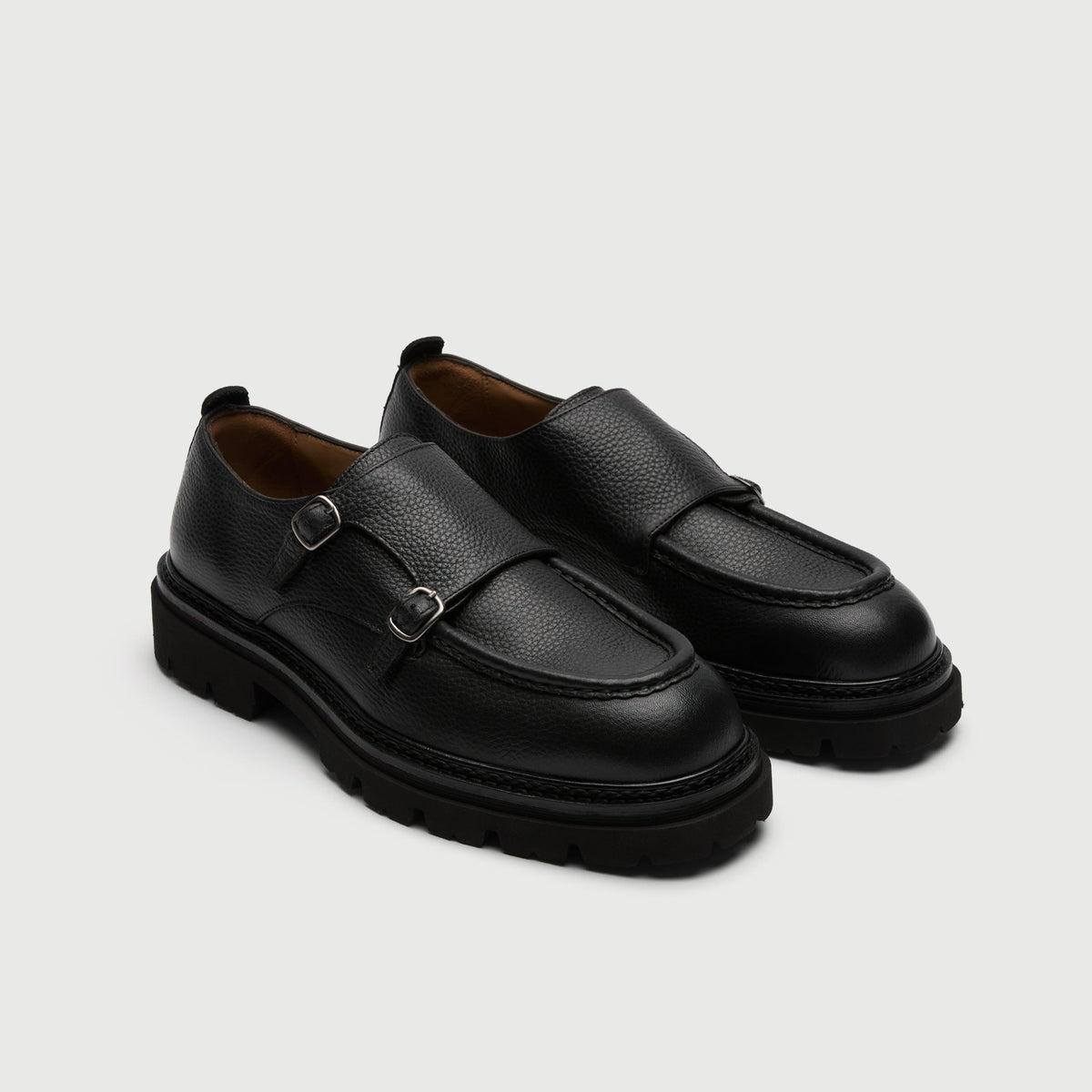 Walk London Finchley Double Monk Shoes in black grain leather three quarter view