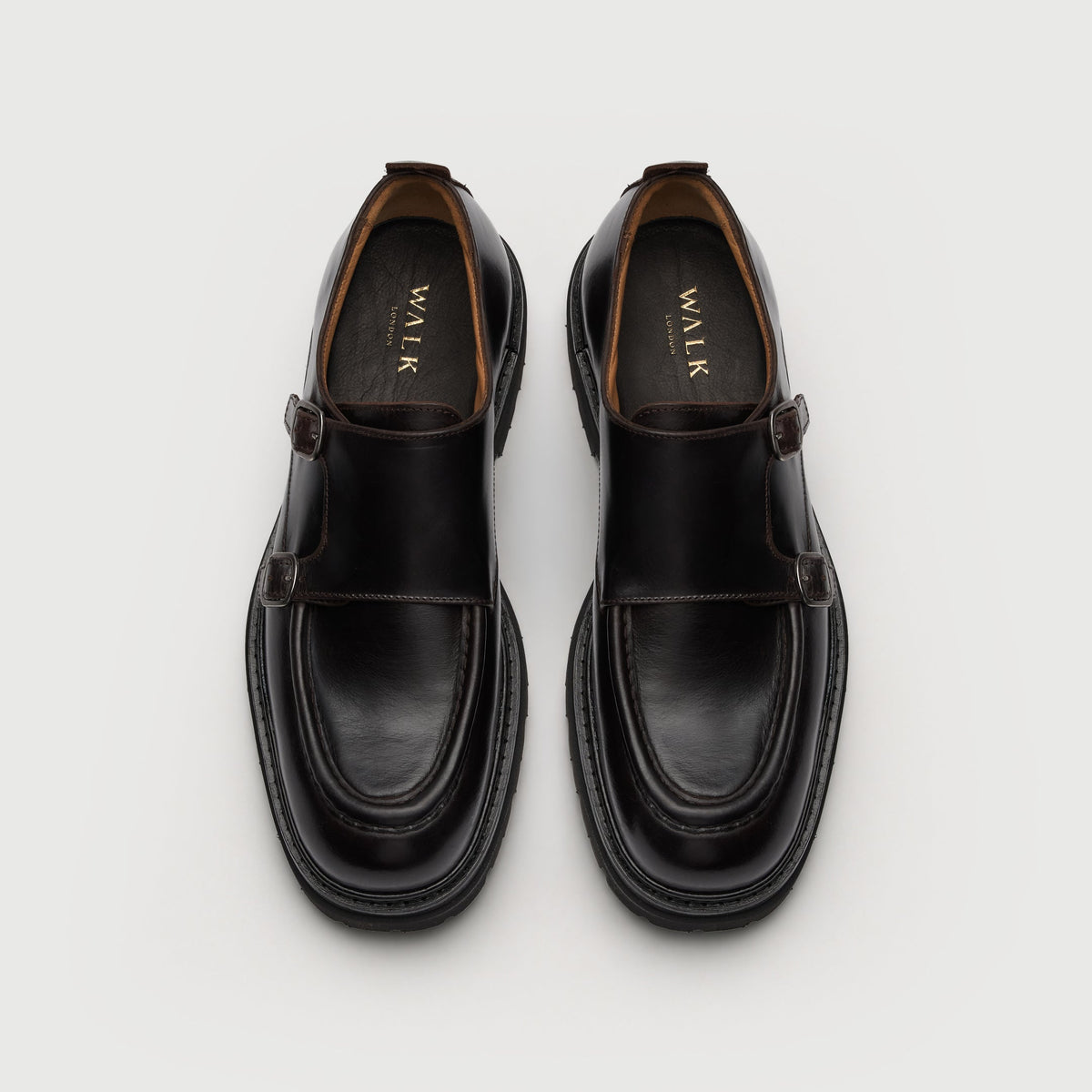 Walk London Finchley Monk Shoe in very dark brown leather top view with wide strap, two silver-tone buckles, tan lining, black insole with gold branding