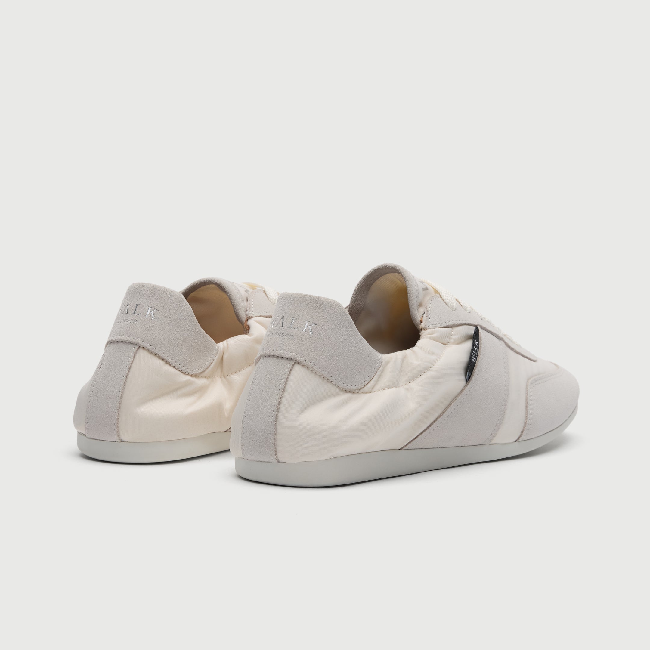 Walk London Firenze Trainer in white suede and textile heel view