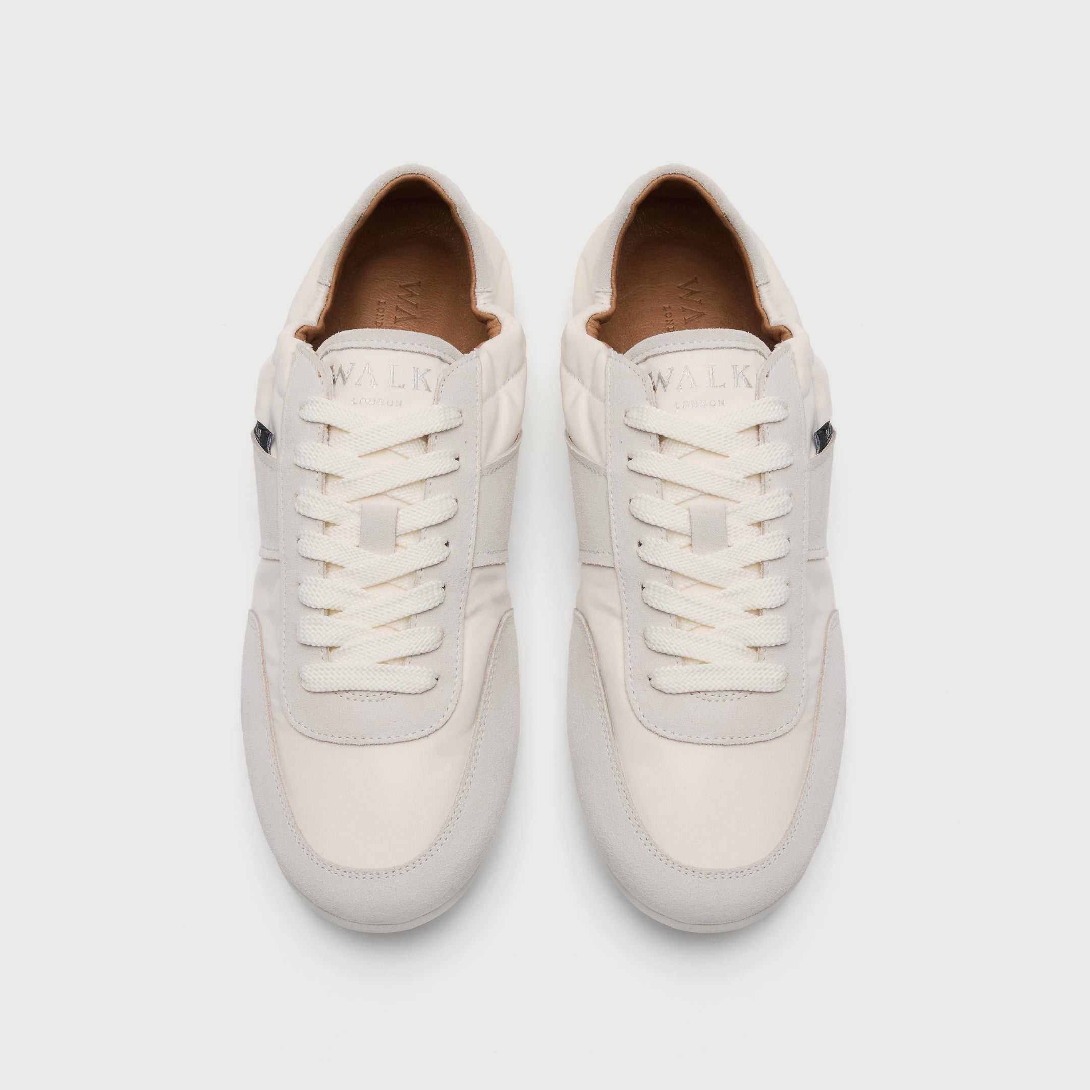 Walk London Firenze Trainer in white suede and textile top view
