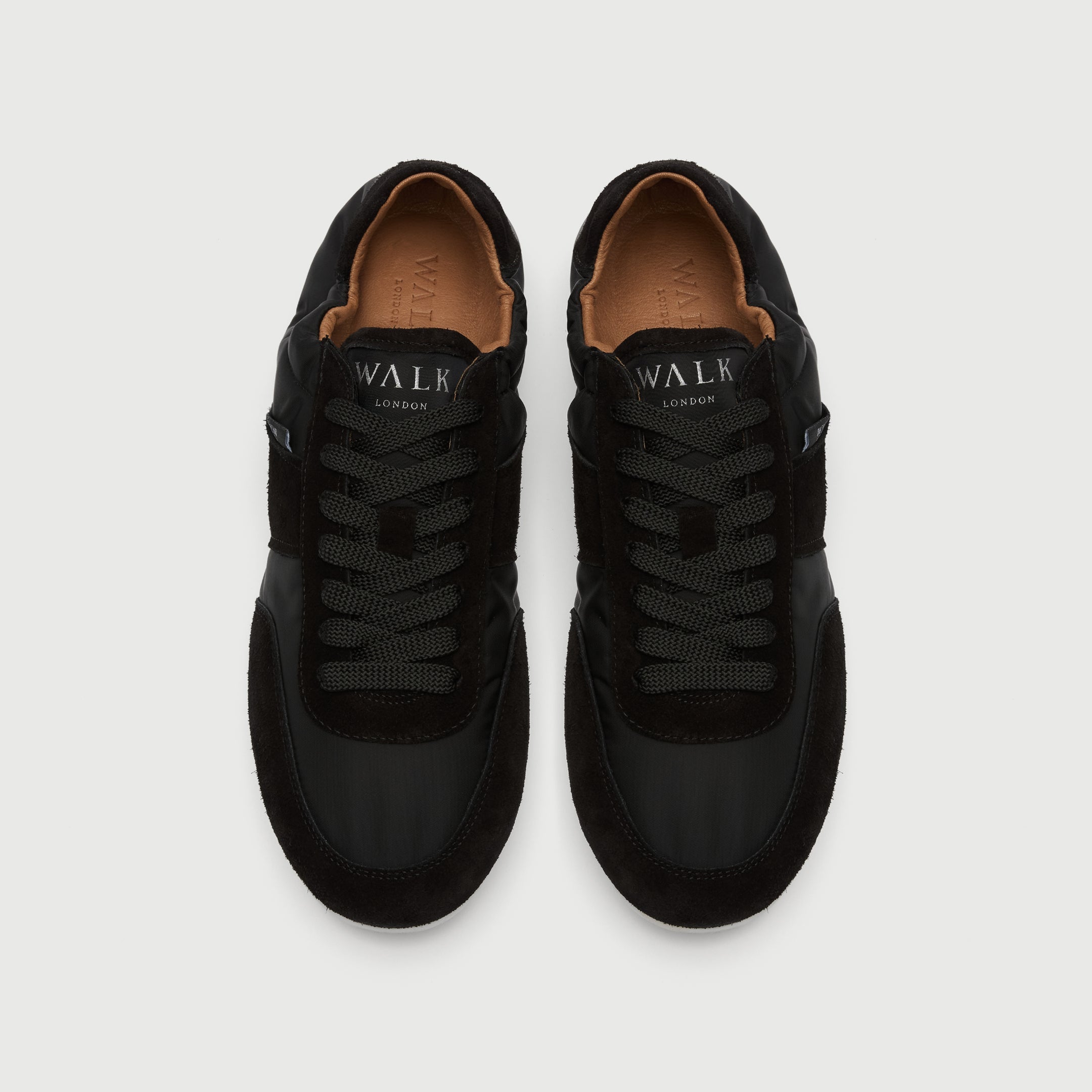 Walk London Firenze Trainer in black suede and textile top view