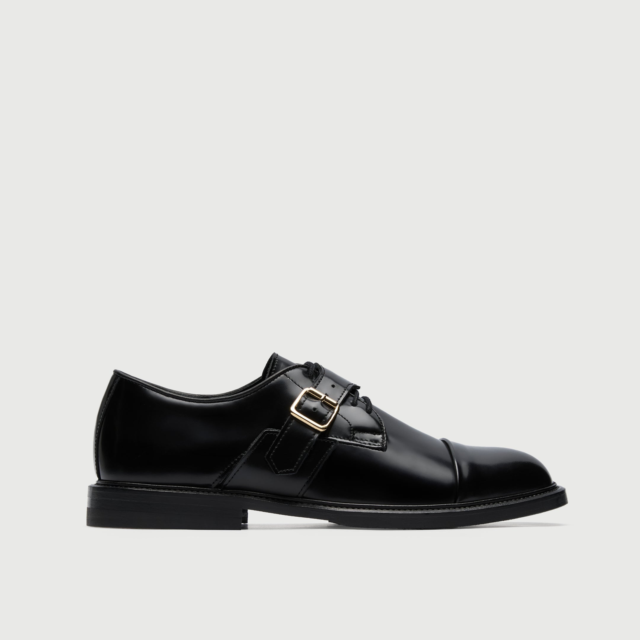 Walk London Mens Greenwich Buckle Shoe in Smooth Black Leather