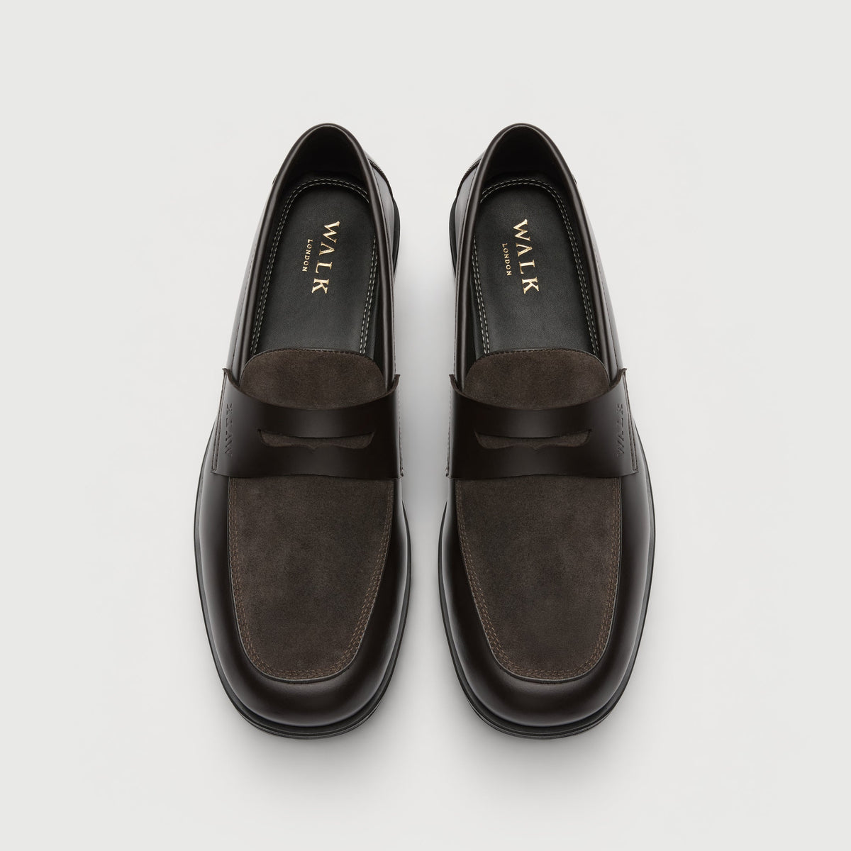 Walk London Grosvenor Saddle Loafer in Dark Brown Leather and Suede top view showing subtly squared toe shape and gold foil branding and stitch detail on black insole