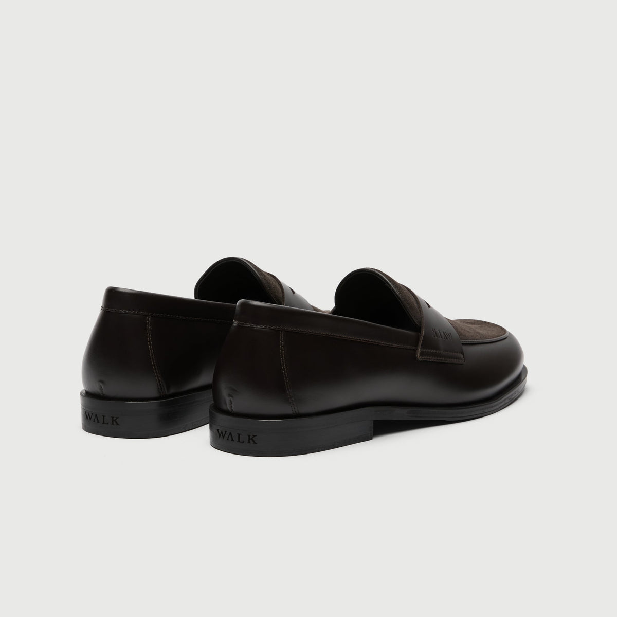 Walk London Grosvenor Saddle Loafer in Dark Brown Leather and Suede heel view showing debossed branding on heel of sole