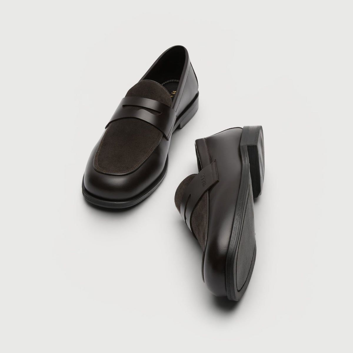 Walk London Grosvenor Saddle Loafer in Dark Brown Leather and Suede top and side view showing subtly squared toe shape and textured sole