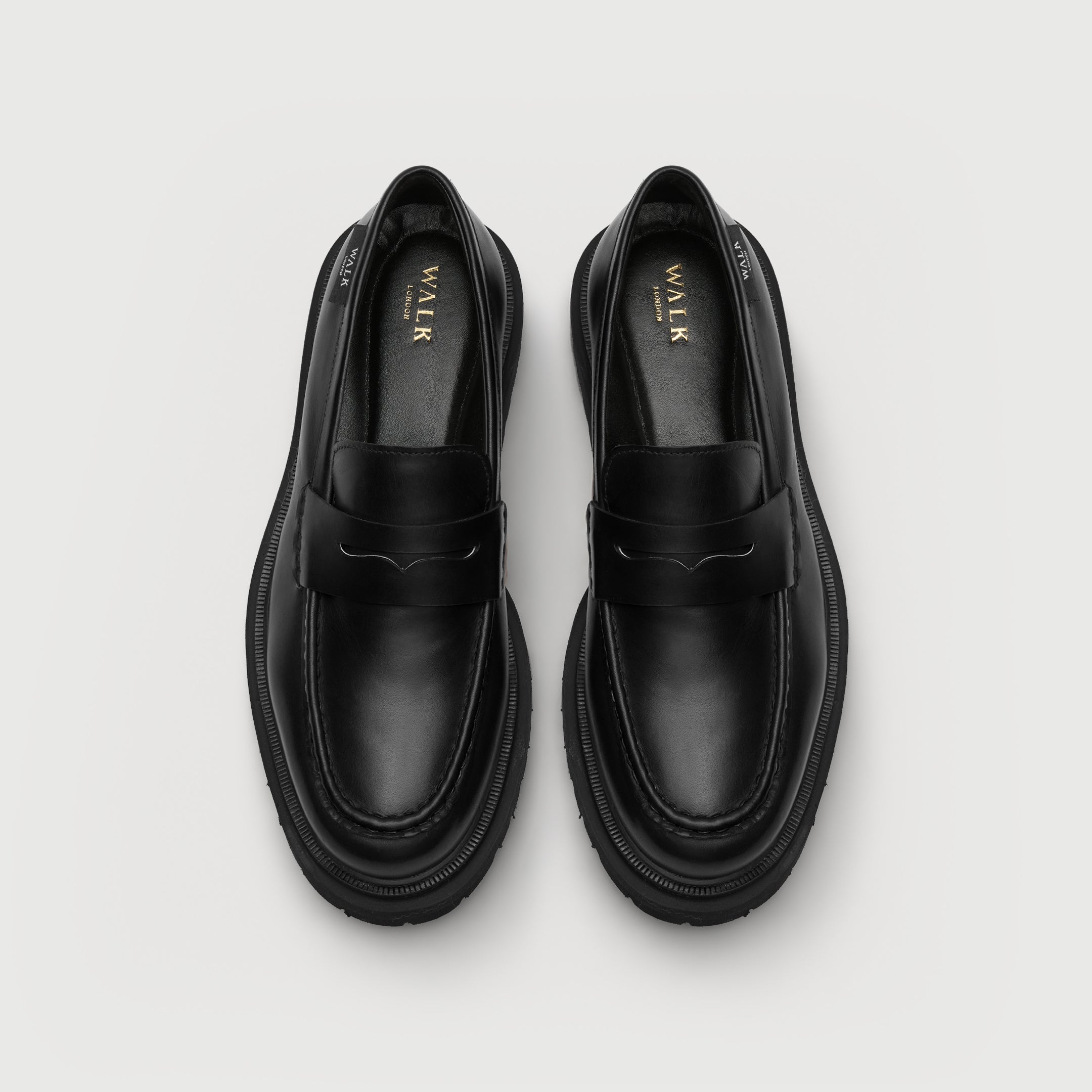 Walk London Hackney Saddle Loafers in Black Leather top view showing black insole with gold foil branding