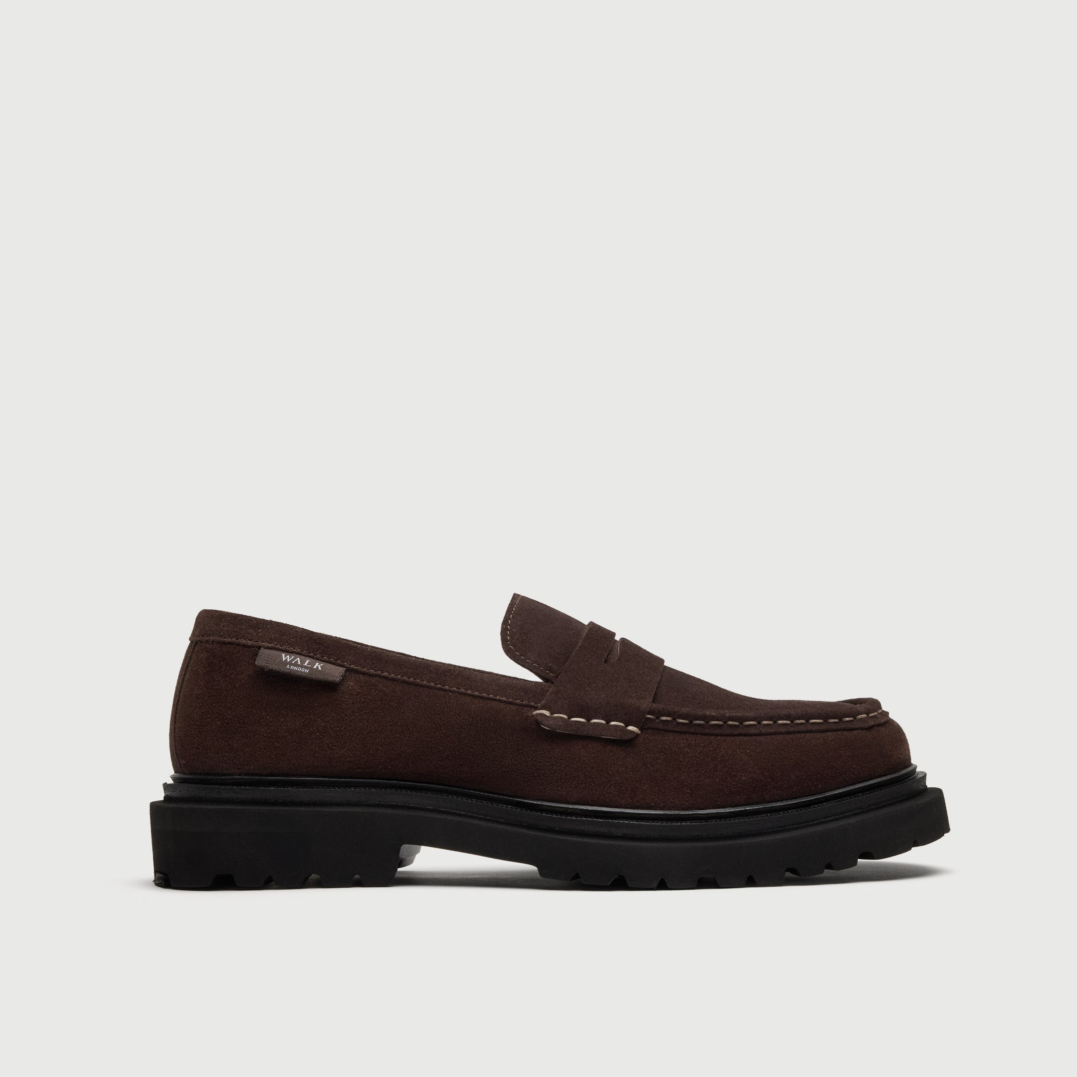 Walk London Hackney Brown Suede Saddle Loafer with contrast stitching side view