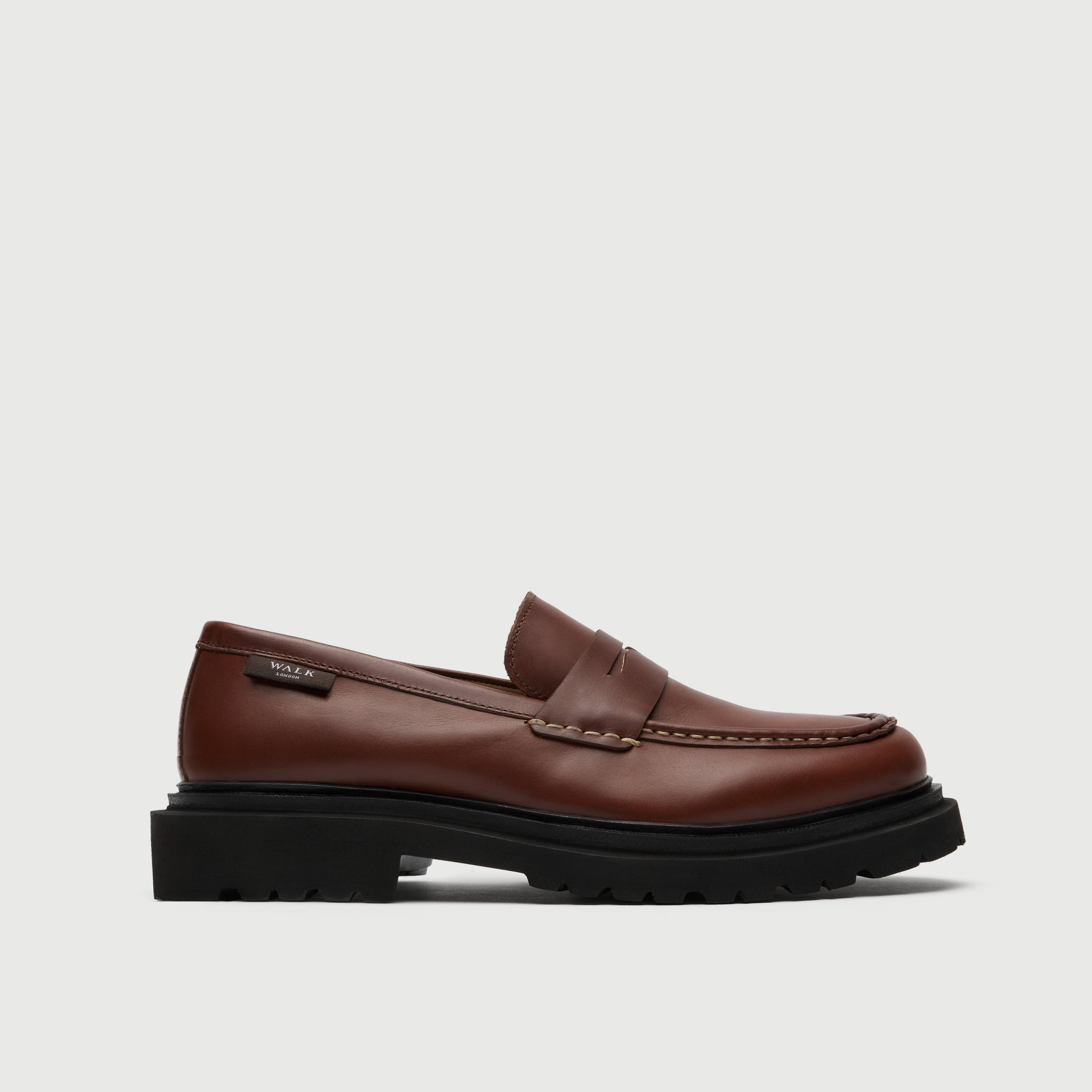 Walk London Hackney Saddle Loafer in Tan Leather side view showing branded label