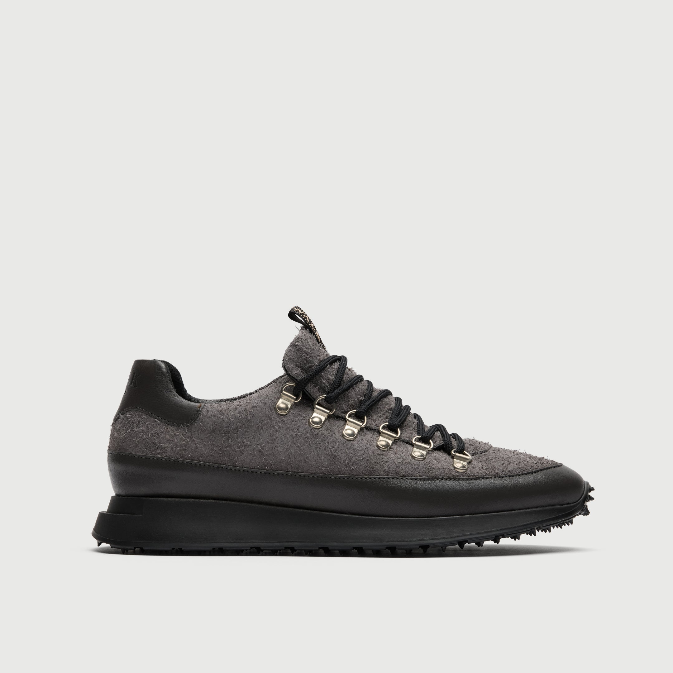 Walk London Hampstead Hiking Style Trainer in Grey Brushed Suede and Leather side view showing silver toned d-rings and laces