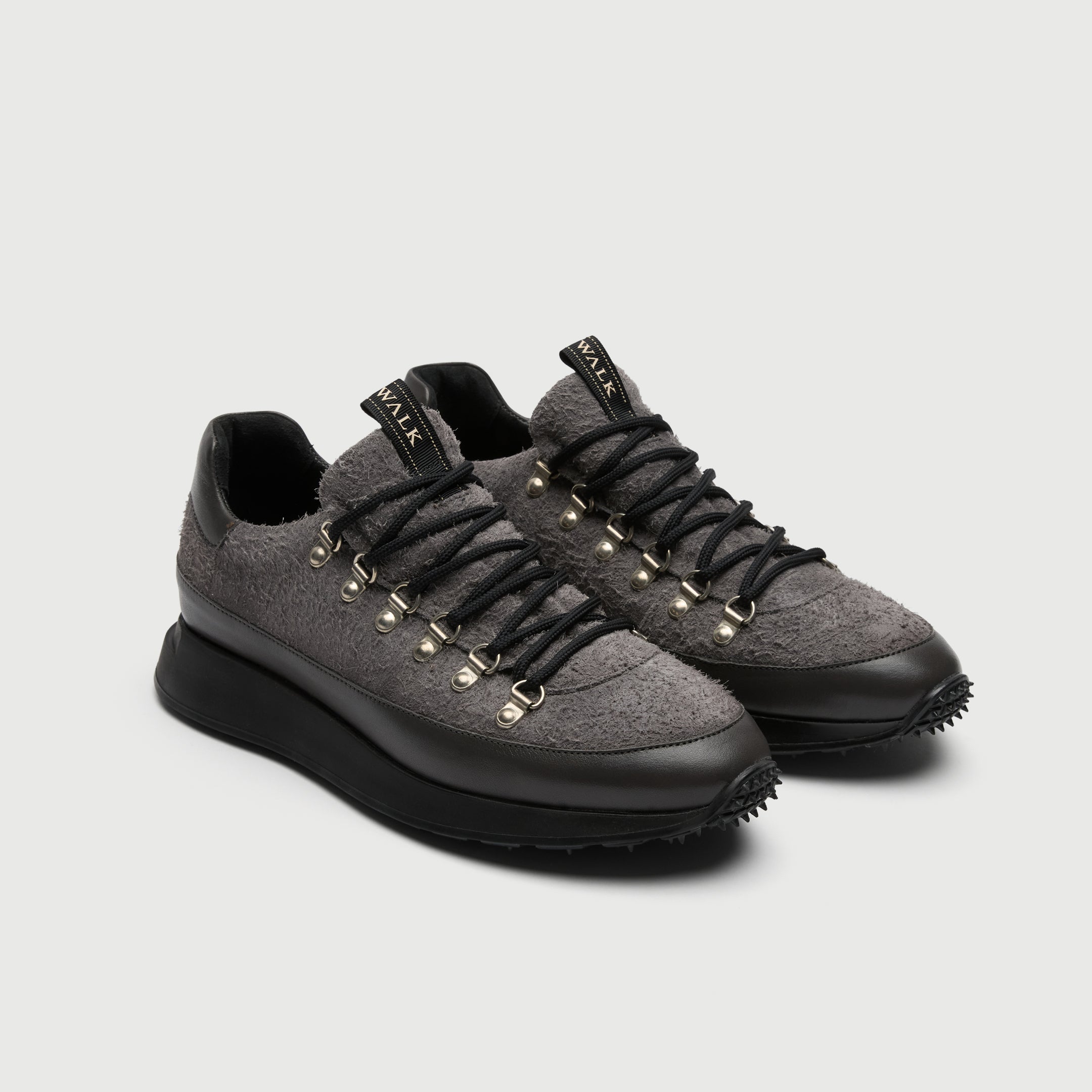 Walk London Hampstead Hiking Style Trainer in Grey Brushed Suede and Leather three quarter view showing branded pull tabs on the tongue