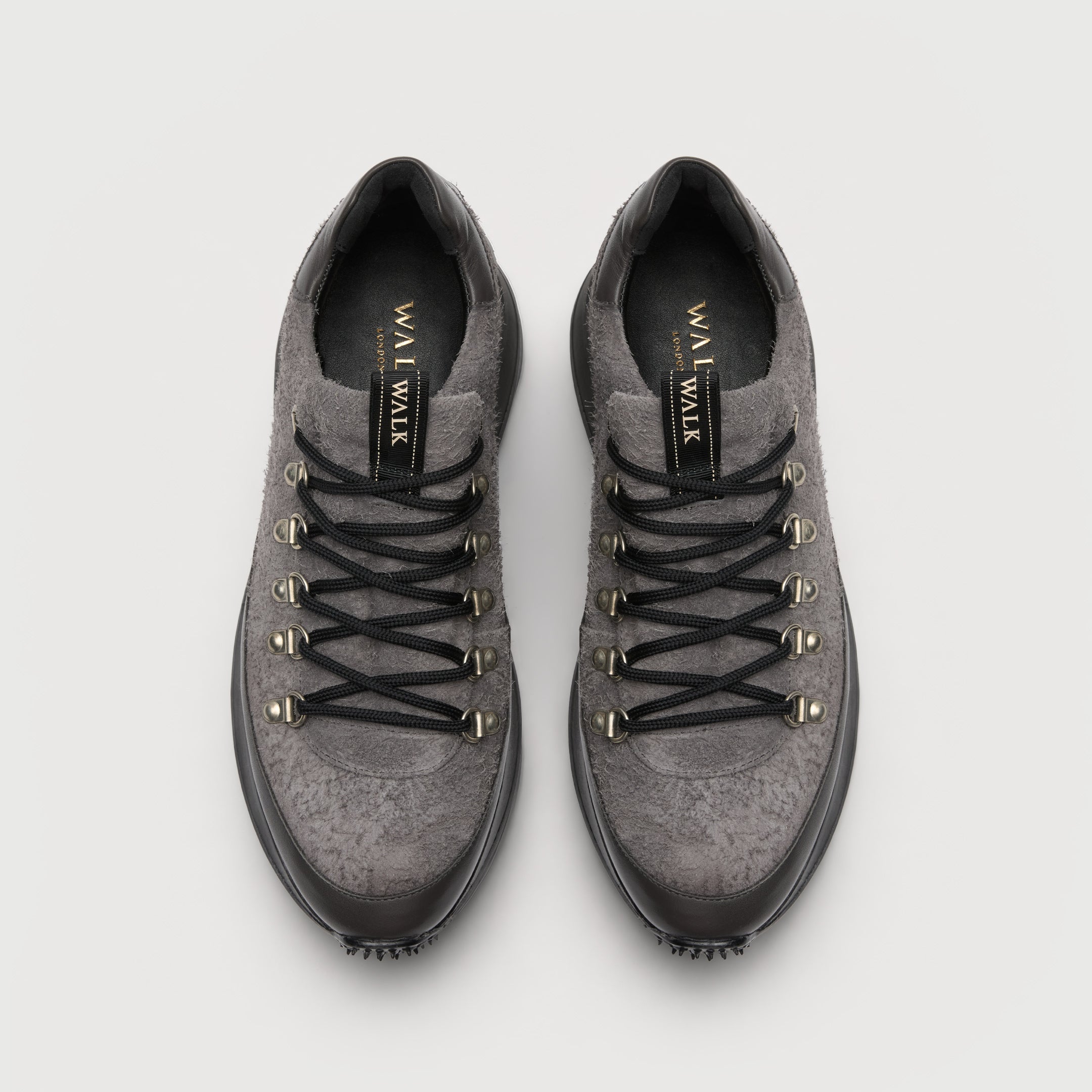 Walk London Hampstead Hiking Style Trainer in Grey Brushed Suede and Leather top view showing showing gold foil branding, pull tabs and hiking style laces