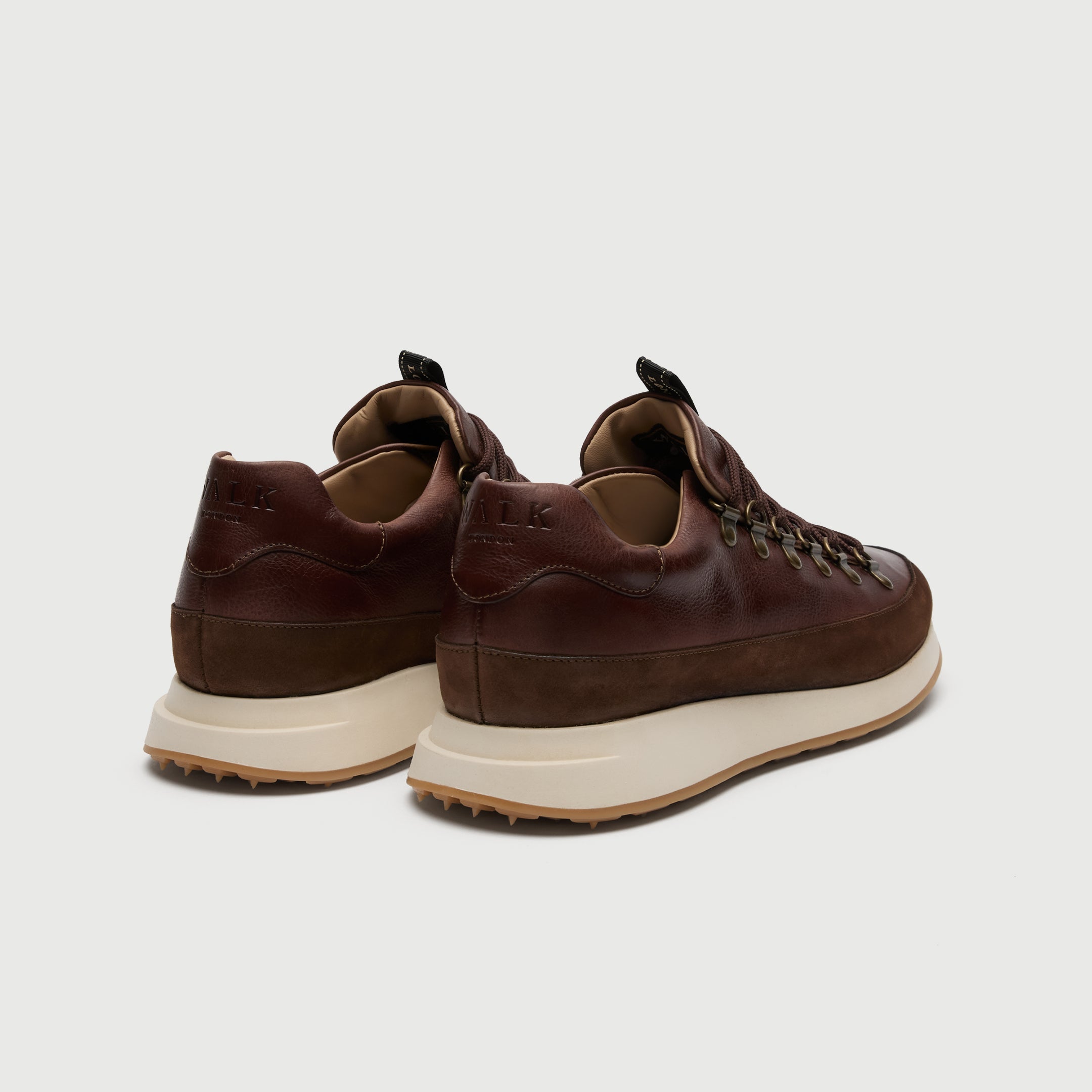 Walk London Hampstead Hiking Style Trainer in Brown Leather heel view showing branded collar