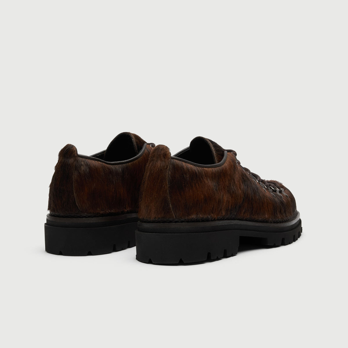 Walk London Hartford Hiking Style Shoe in Brown Pony Hair heel view showing pull tab and counter