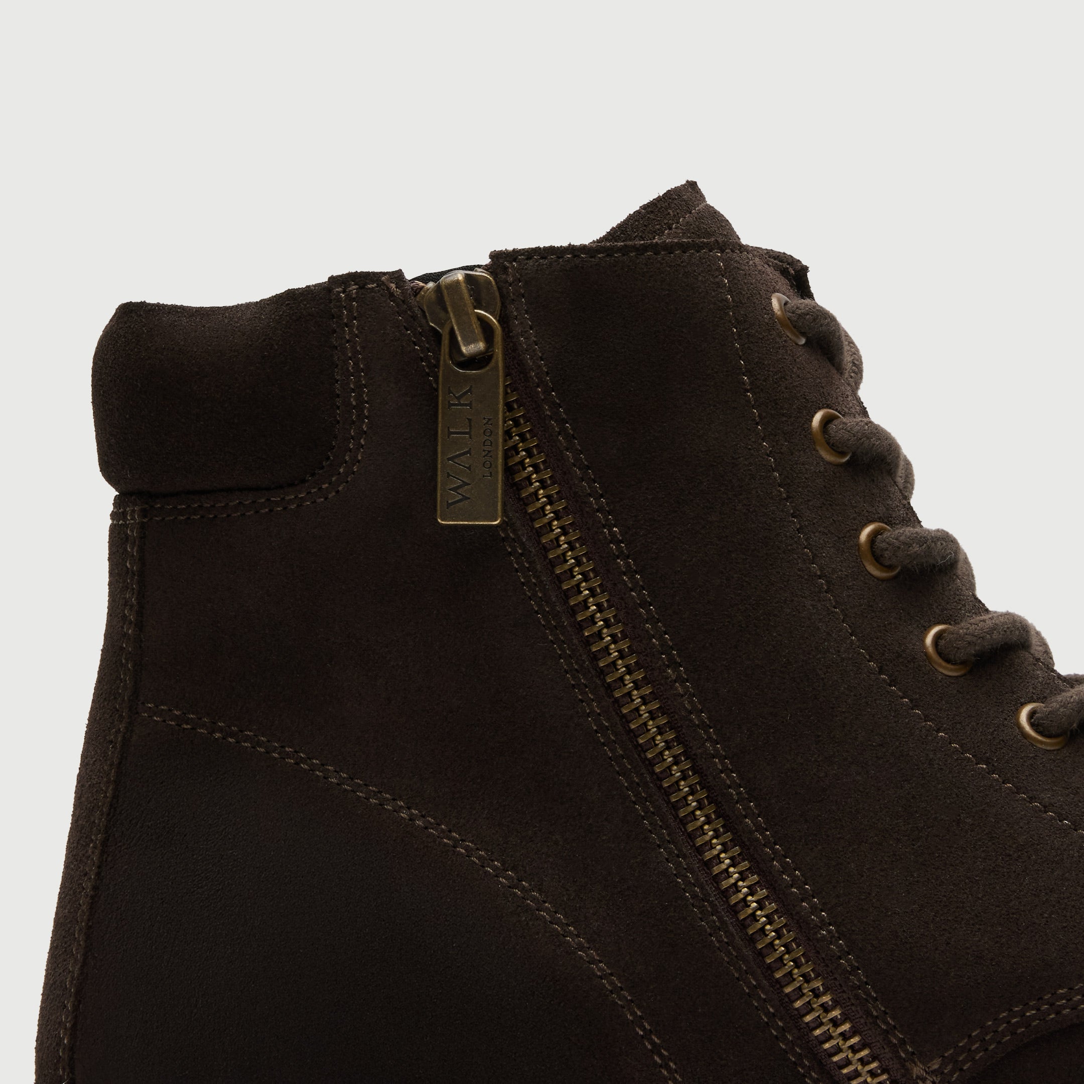 Brown suede Hopper apron boot from Walk London Shoes with thick sole on a light grey background