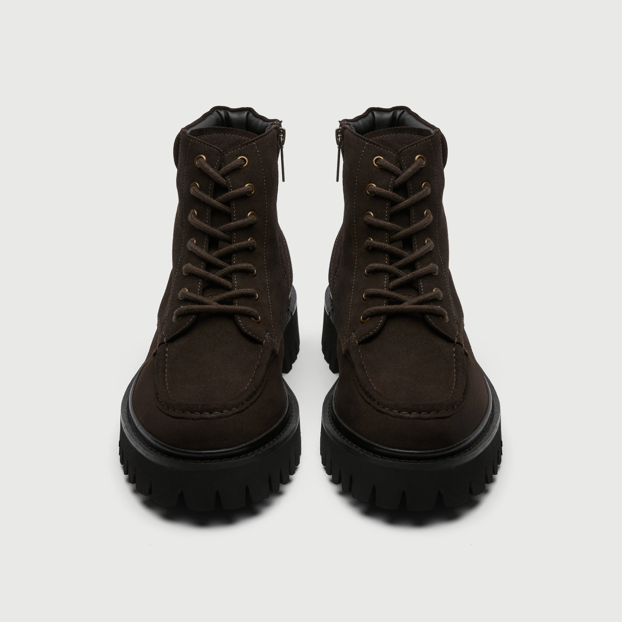 Brown suede Hopper apron boot from Walk London Shoes with thick sole on a light grey background