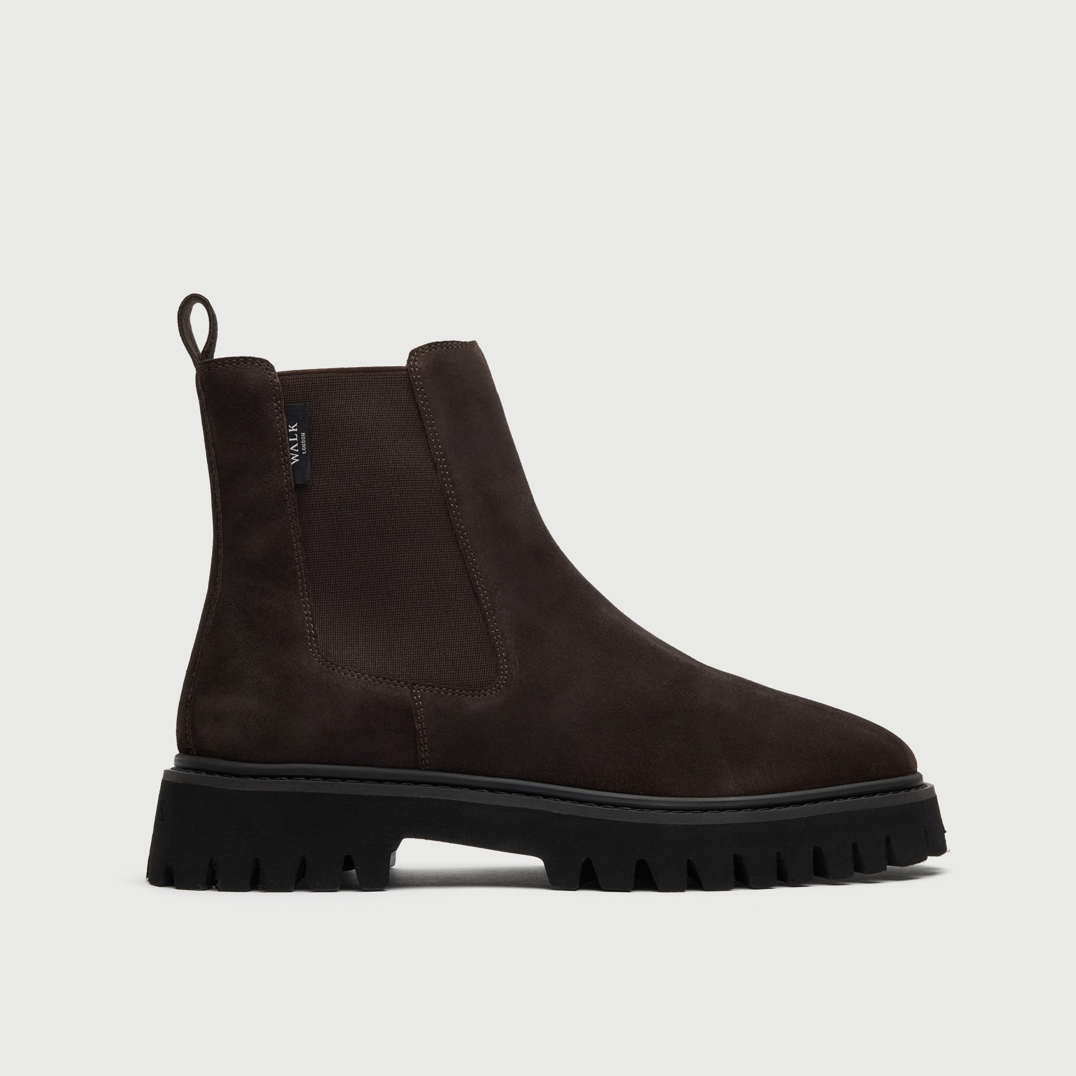 Walk London Hopper Chelsea Boot in Brown Suede side view showing elastic panel with branded label, pull tab and chunky sole