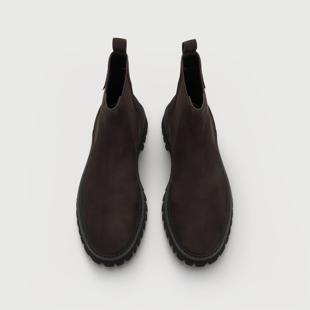 Walk London Hopper Chelsea Boot in Brown Suede top view showing rounded toe shape and chunky black sole