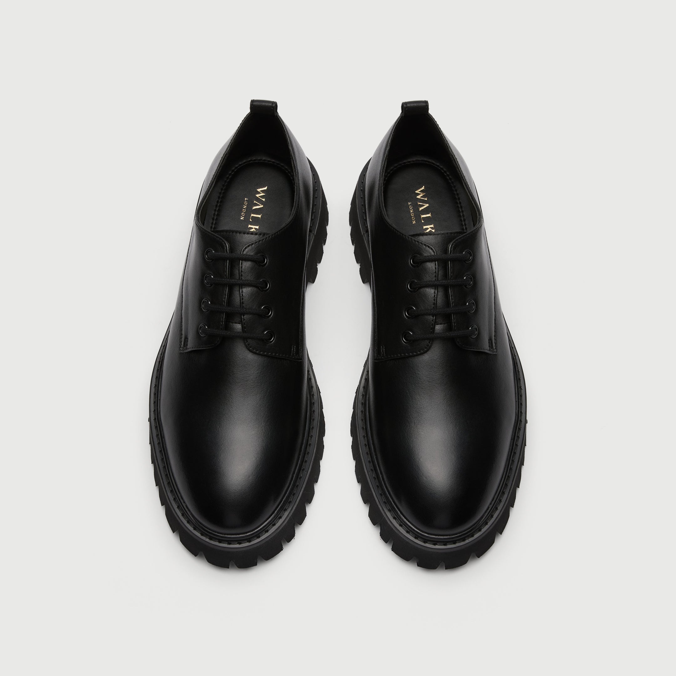 Walk London Hopper Black Leather Derby Shoe with chunky sole top view