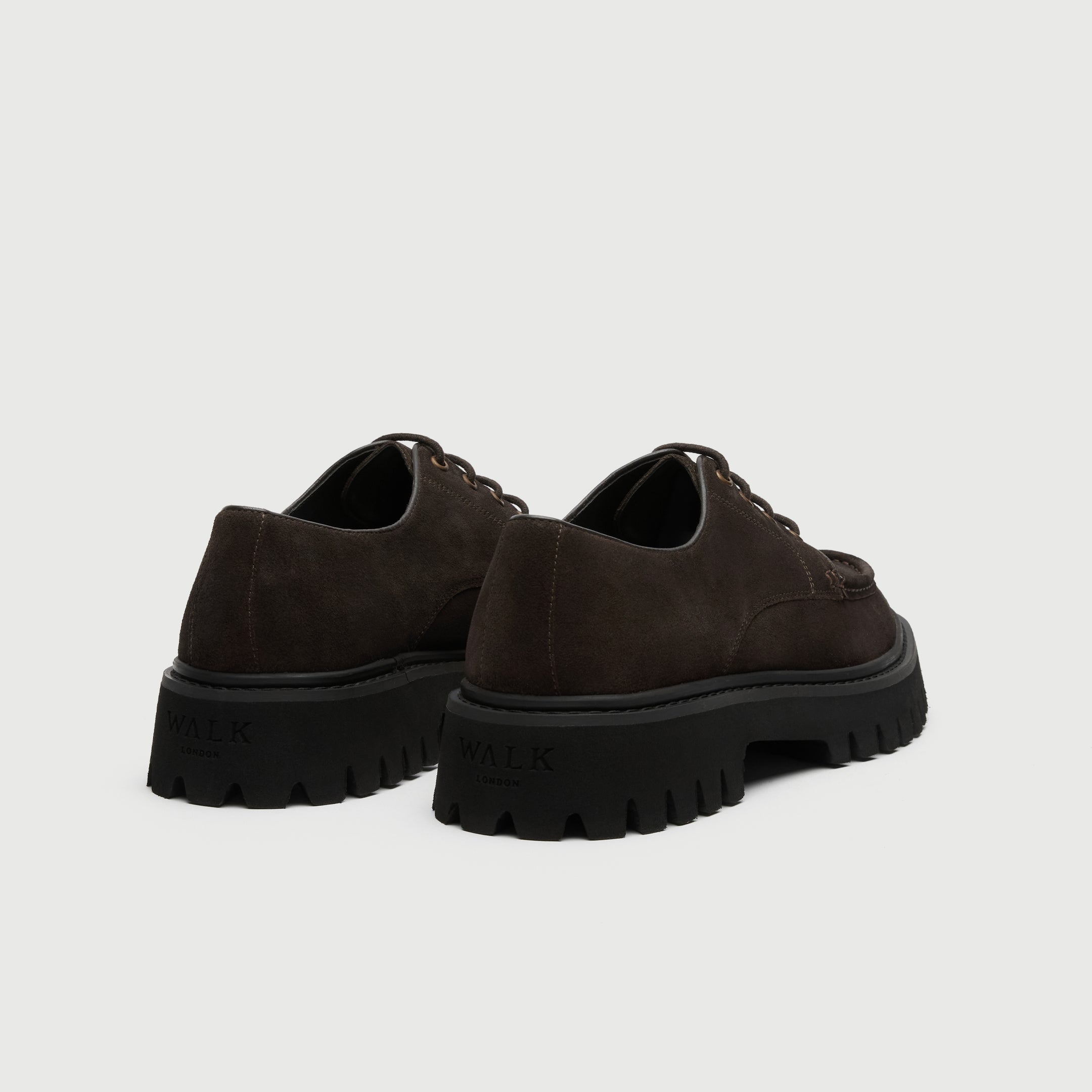 Walk London Hopper Lace Shoes in Brown Suede heel view showing debossed branding on heel of sole