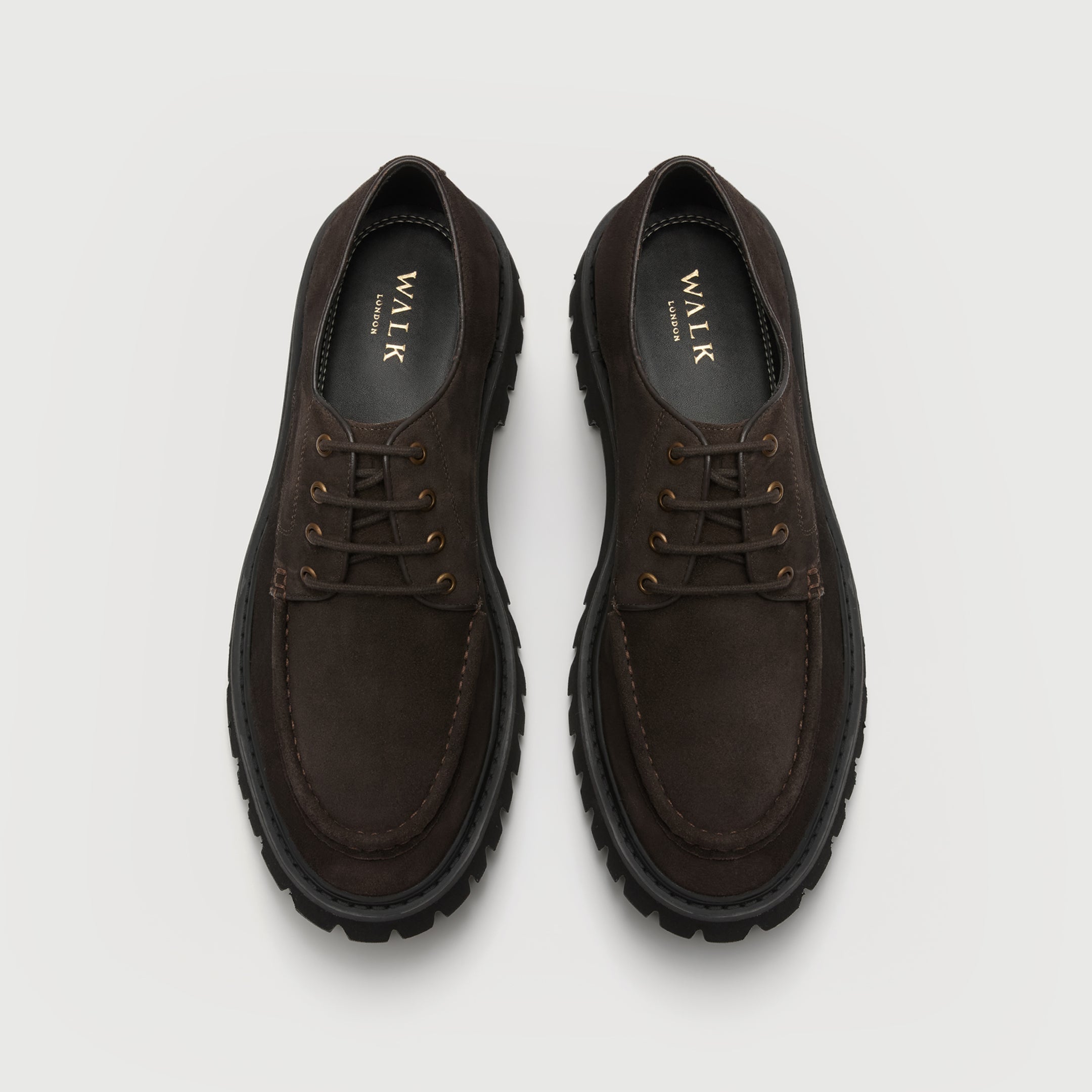 Walk London Hopper Lace Shoes in Brown Suede top view showing the apron seam, stitch detailing, brass toned eyelets with laces, black insole with gold foil branding