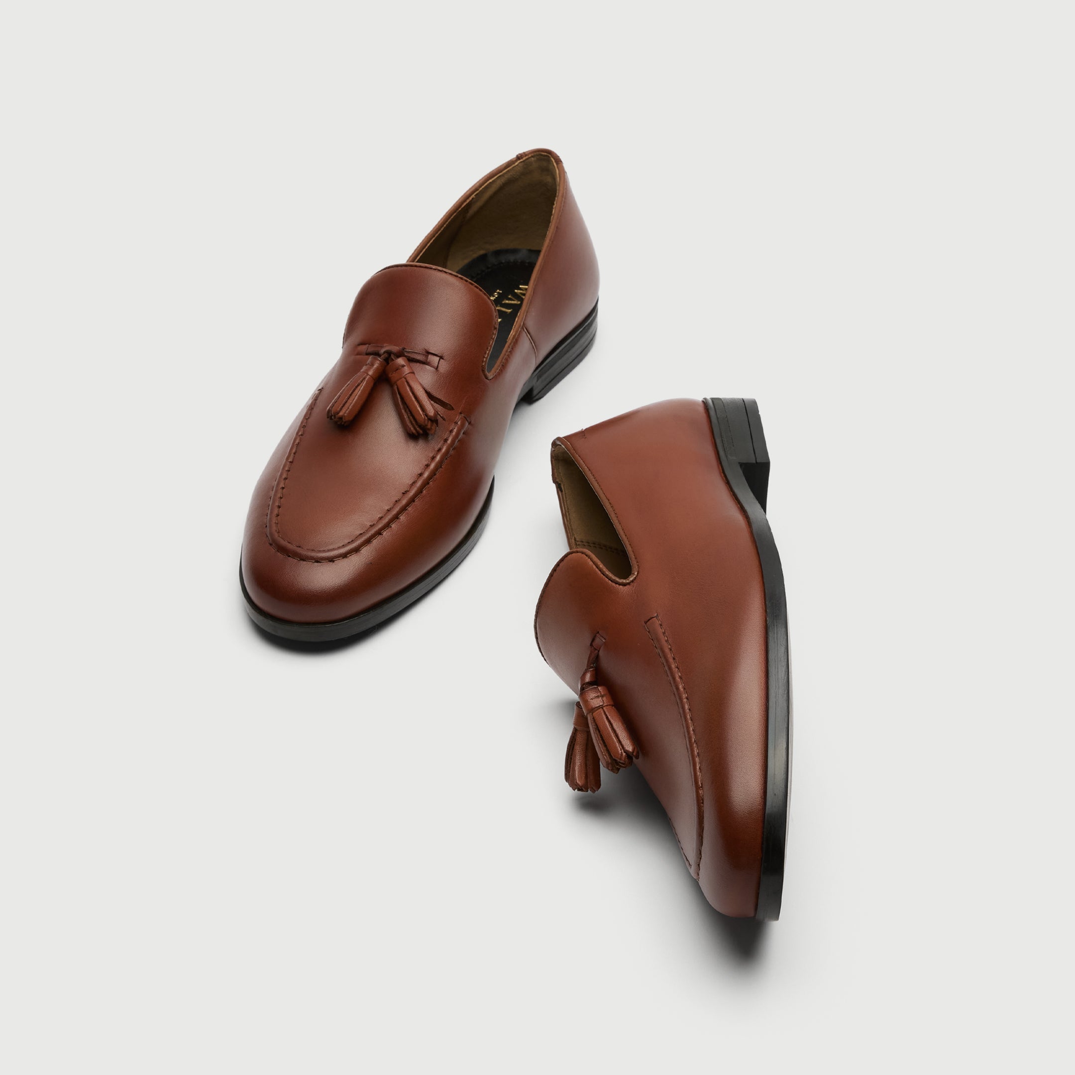 Walk London Ischia Tan Leather Tassel Loafer top and side view