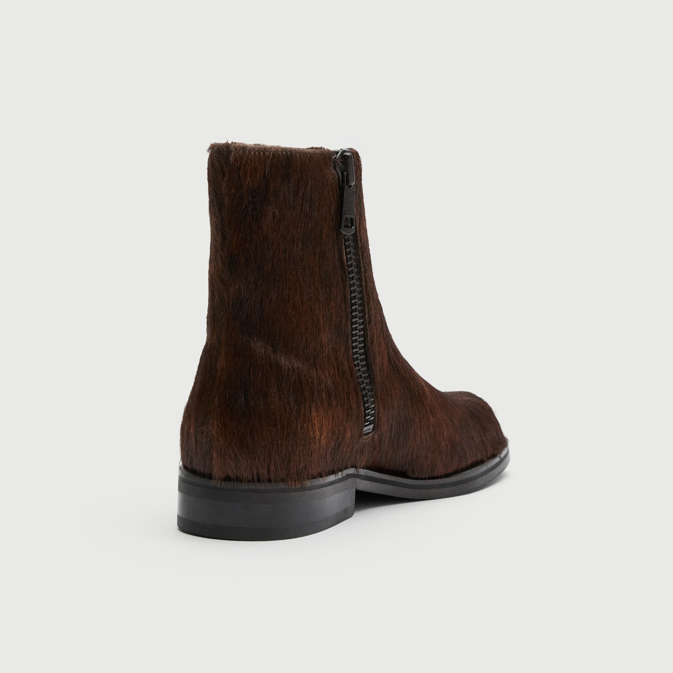 Walk London Lambeth Inside Zip Boot in Brown Pony Hair heel view showing inside zip