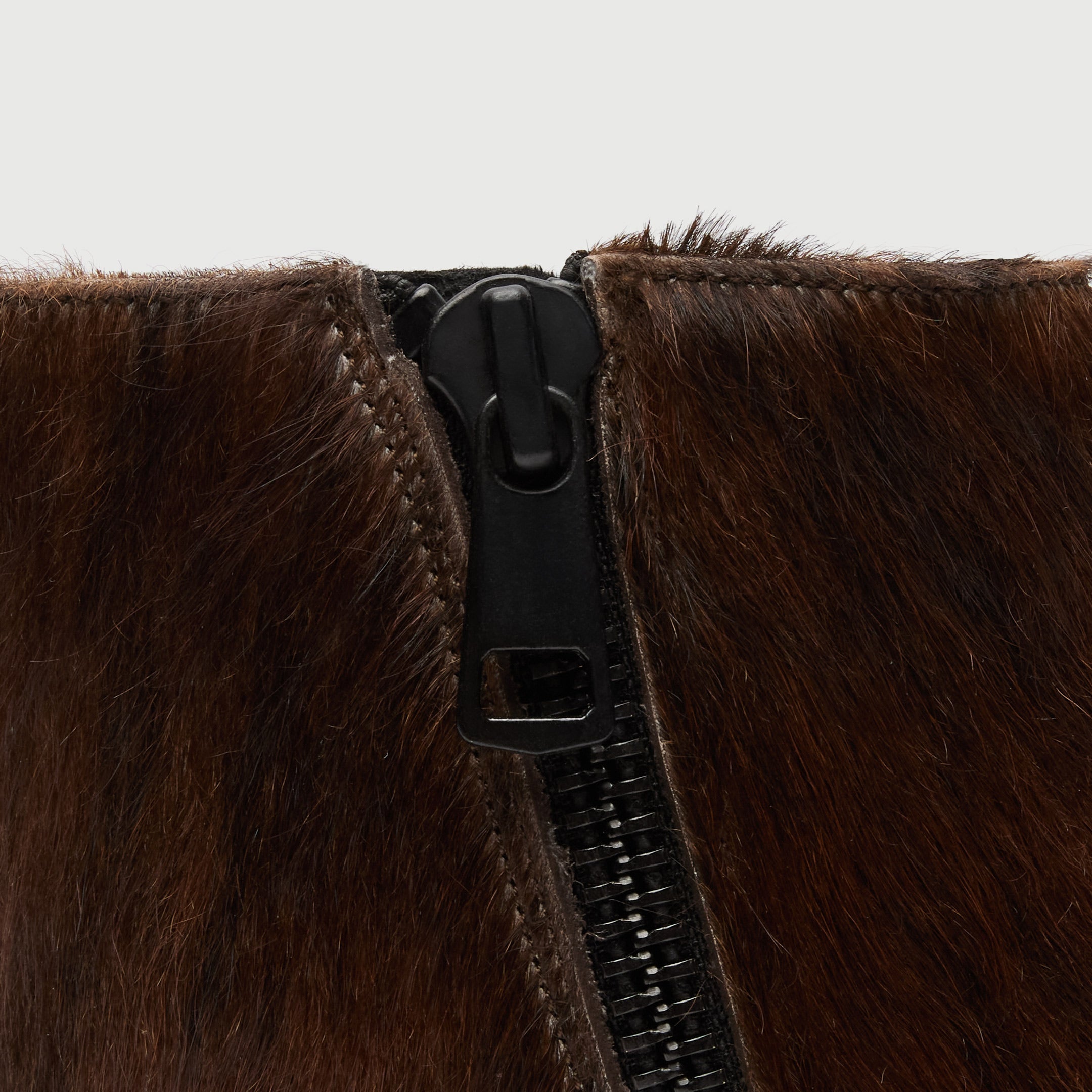 Walk London Lambeth Inside Zip Boot in Brown Pony Hair close up of the zip, stitching and hair finish