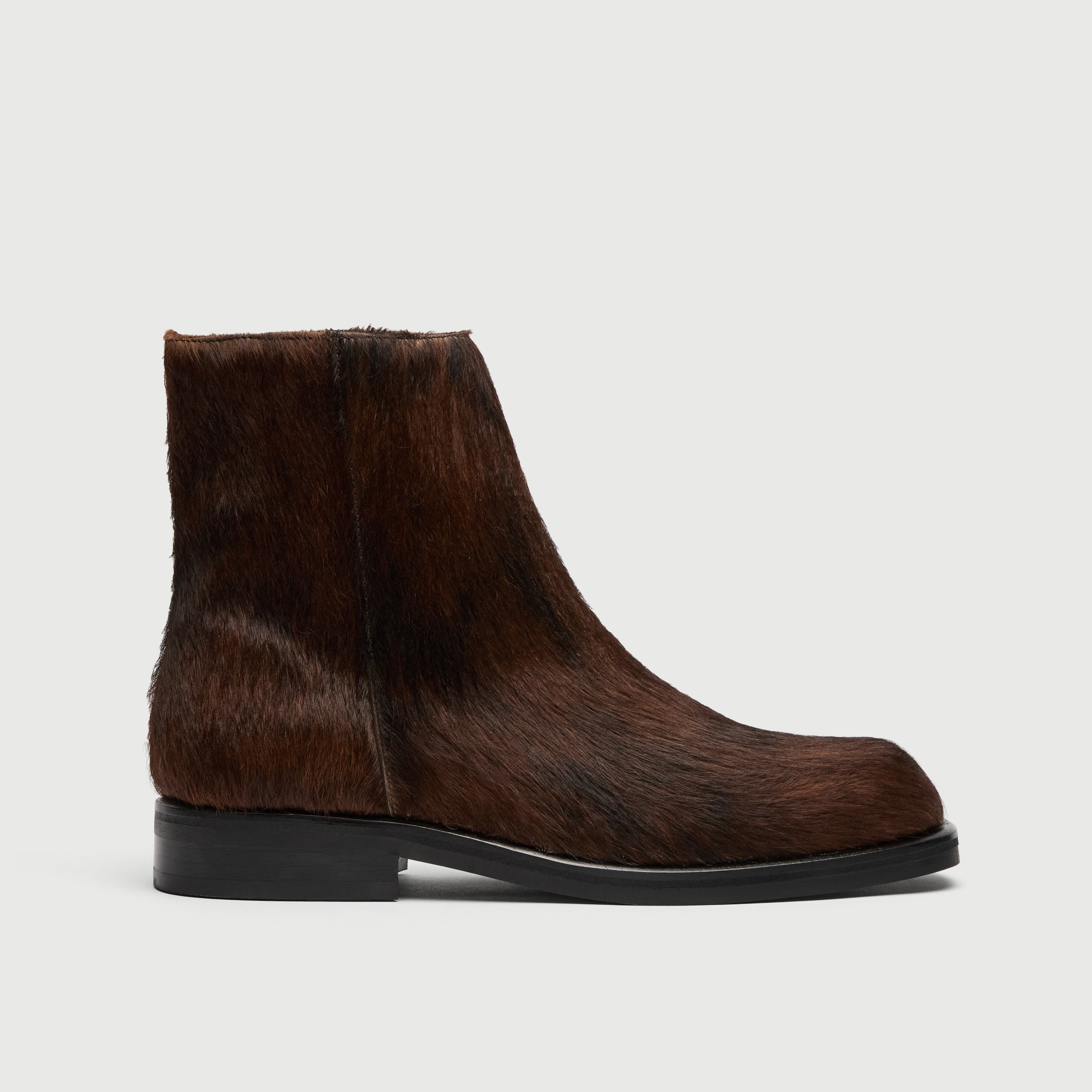 Walk London Lambeth Inside Zip Boot in Brown Pony Hair side view with subtly squared toe