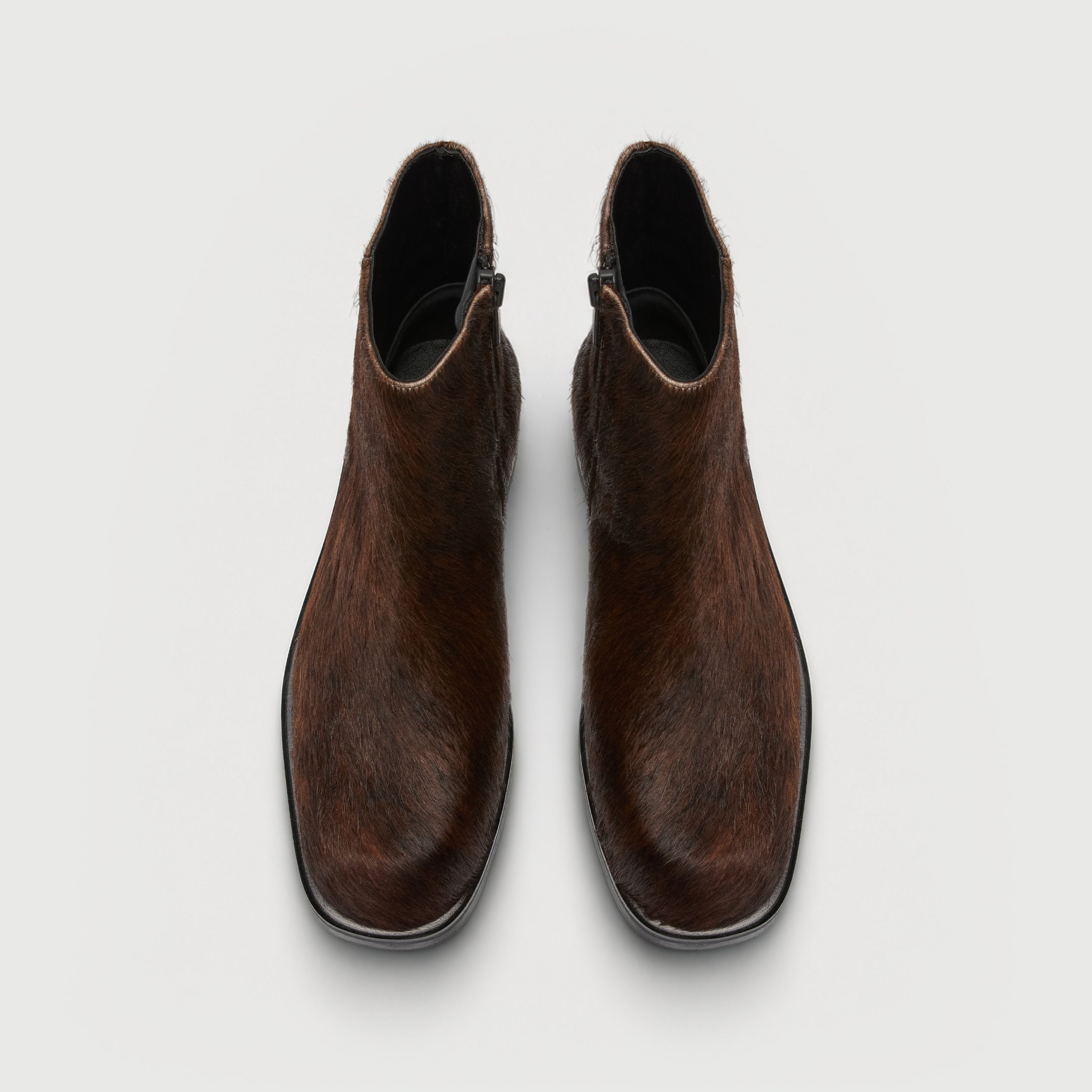 Walk London Lambeth Inside Zip Boots in Brown Pony Hair top view showing subtly squared toe and black leather lining