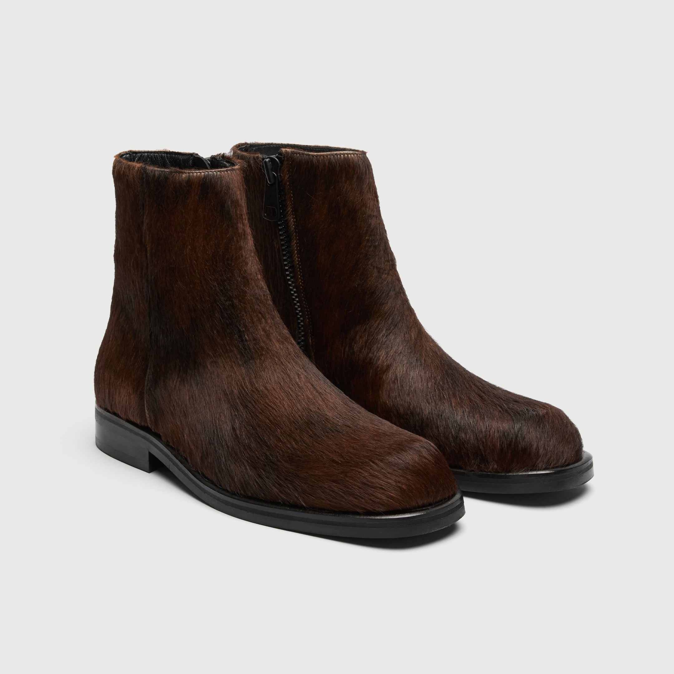 Walk London Lambeth Inside Zip Boots in Brown Pony Hair three quarter view showing slightly squared toe shape