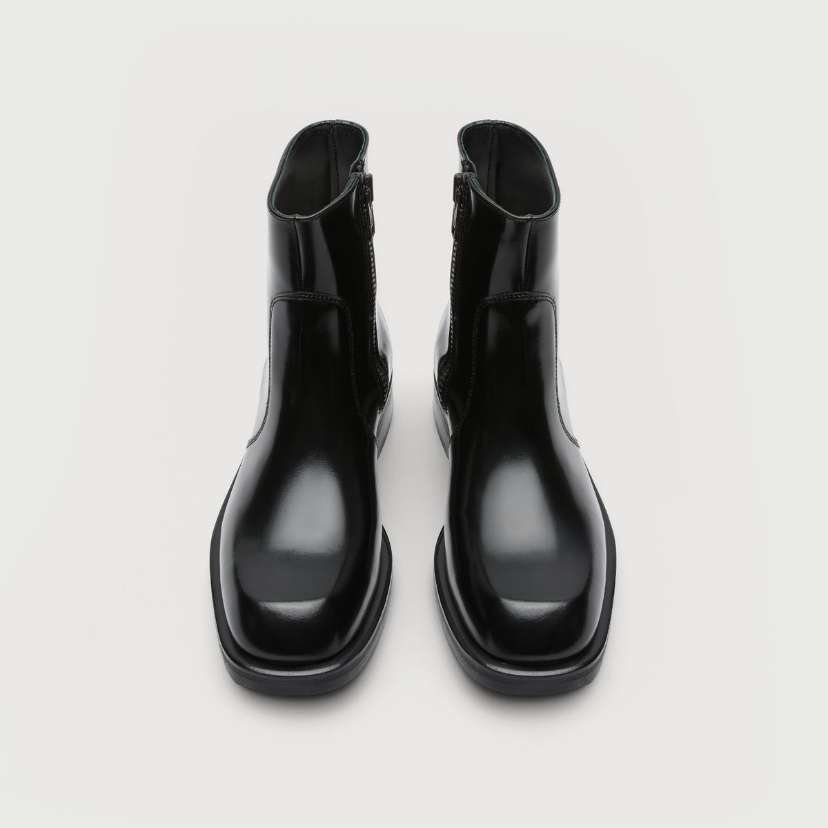 Walk London Lambeth Seam Zip Boots in Black Smooth Leather top view showing slightly squared toe shape, inside zip and seam front panel