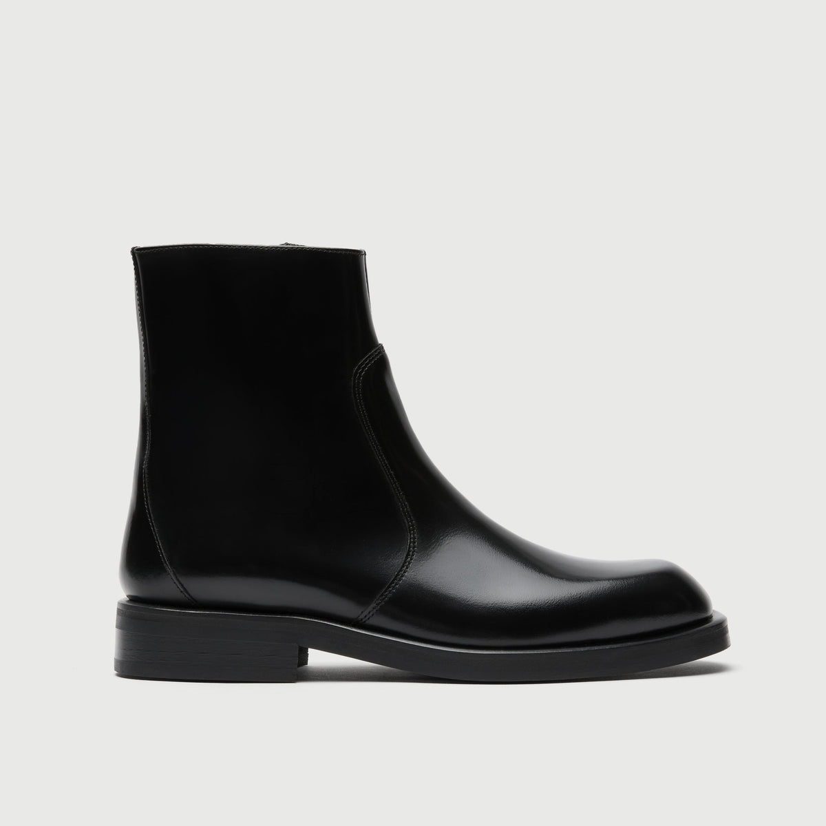 Walk London Lambeth Seam Zip Boot in Black Smooth Leather side view showing seam panel up the front of the boot