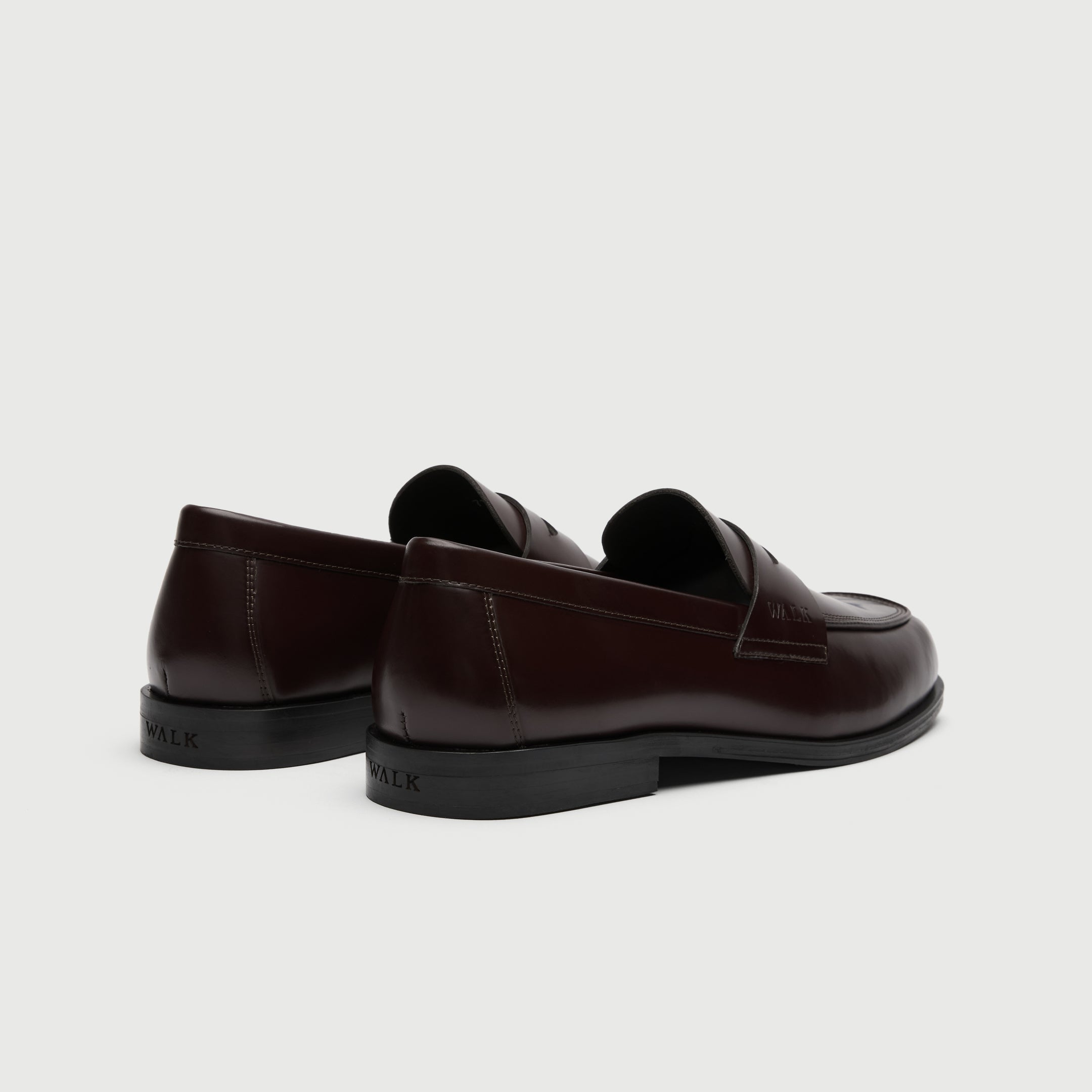 Walk London Marylebone Saddle Loafers in Dark Burgundy Leather heel view showing embossed branding on the heel of the sole