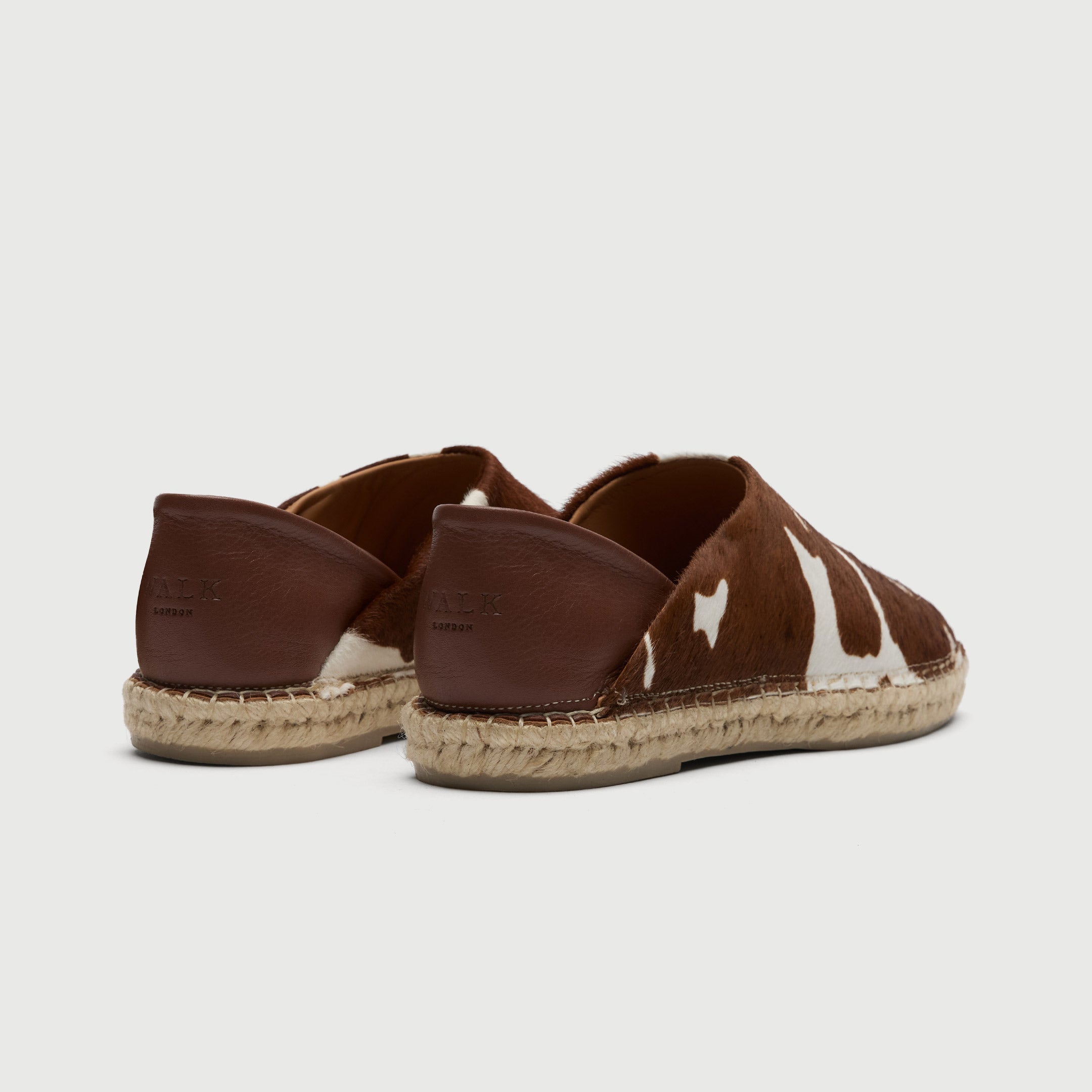 Walk London Messina Men's Espadrilles in cow print pony hair - foldable heel view