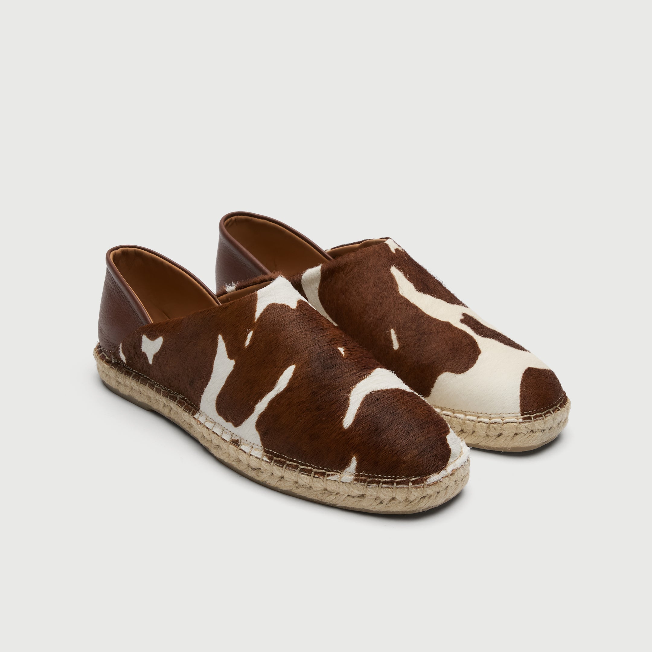 Walk London Messina Men's Espadrilles in cow print pony hair - three quarter view