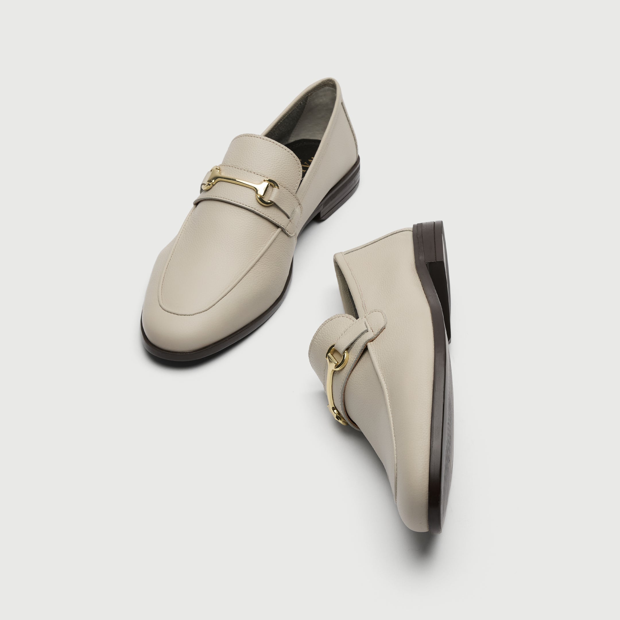 Walk London Naples Trim Cream Leather Loafer with gold horse bit detail top and side view