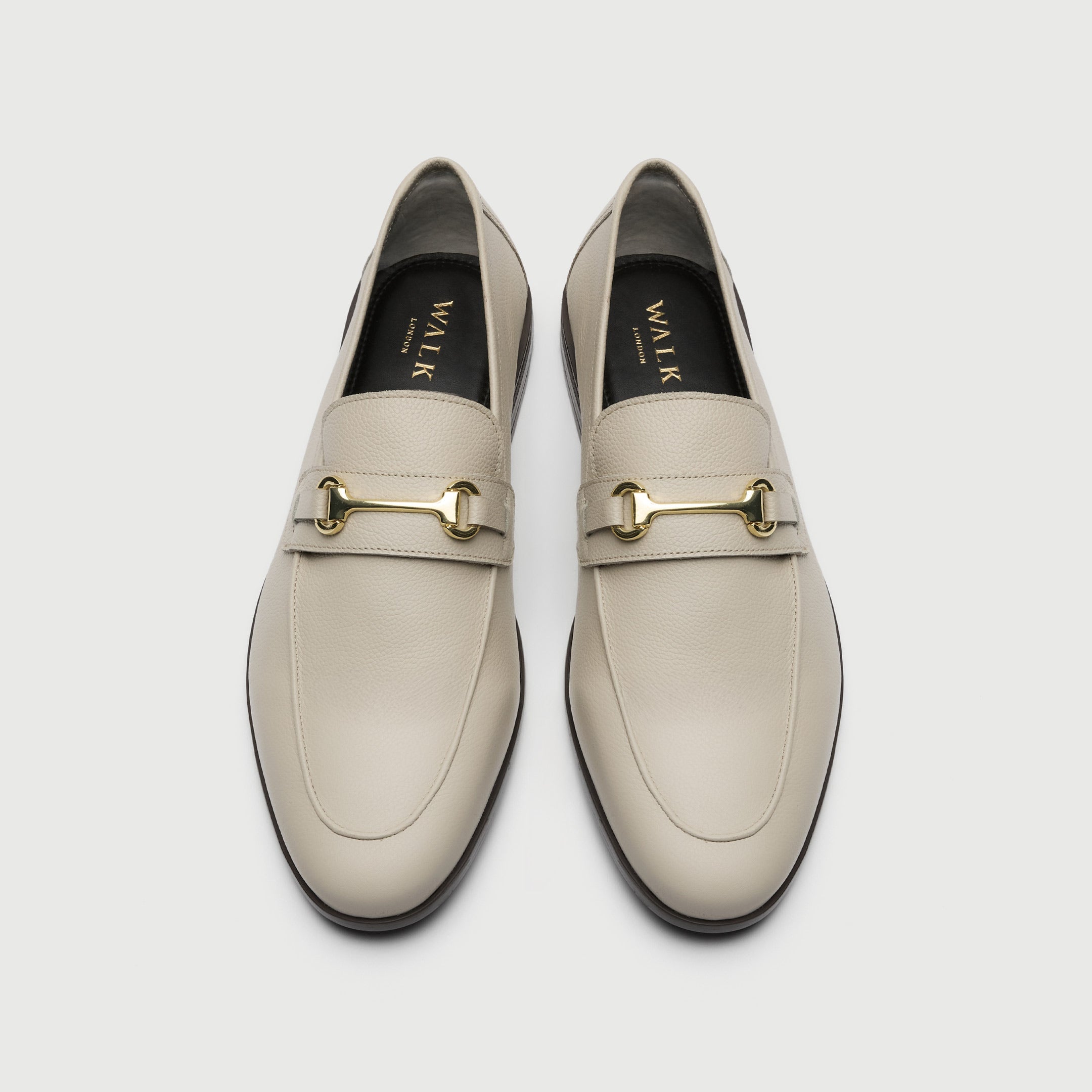Walk London Naples Trim Cream Leather Loafer with gold horse bit detail top view