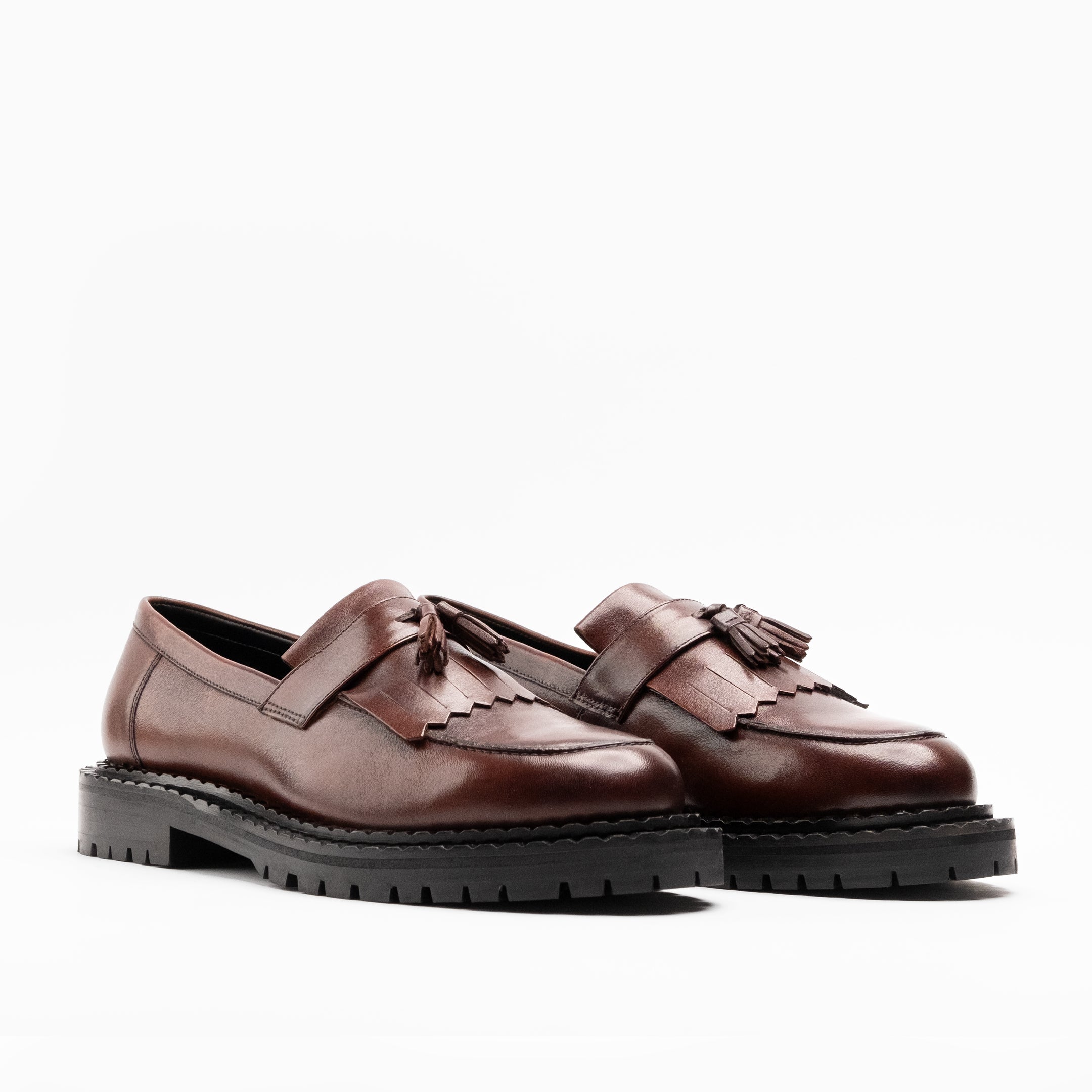 Walk London Mens Jagger Fringe Tassel Loafer in Brown Leather