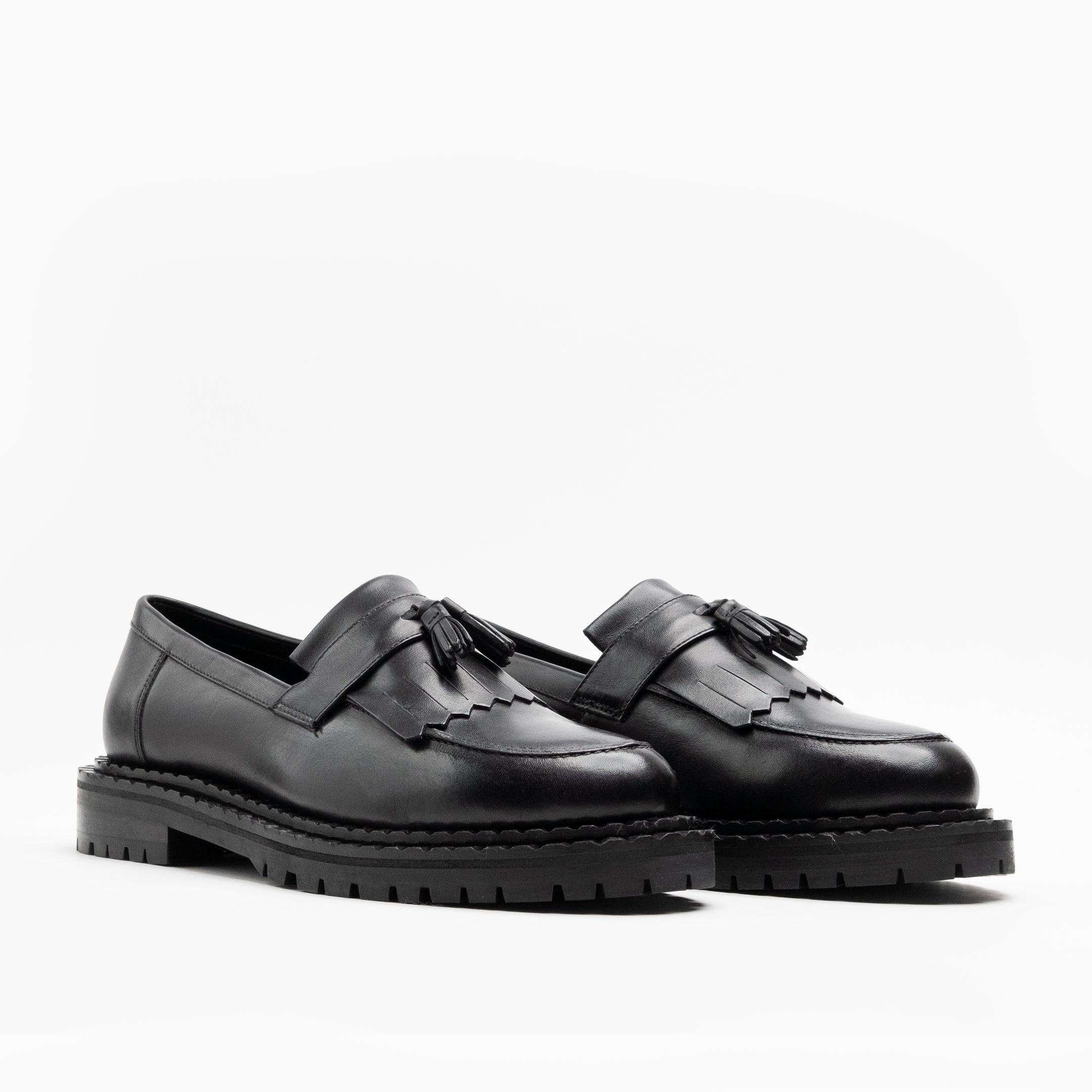 Walk London Mens Jagger Fringe Tassel Loafer in Black Leather