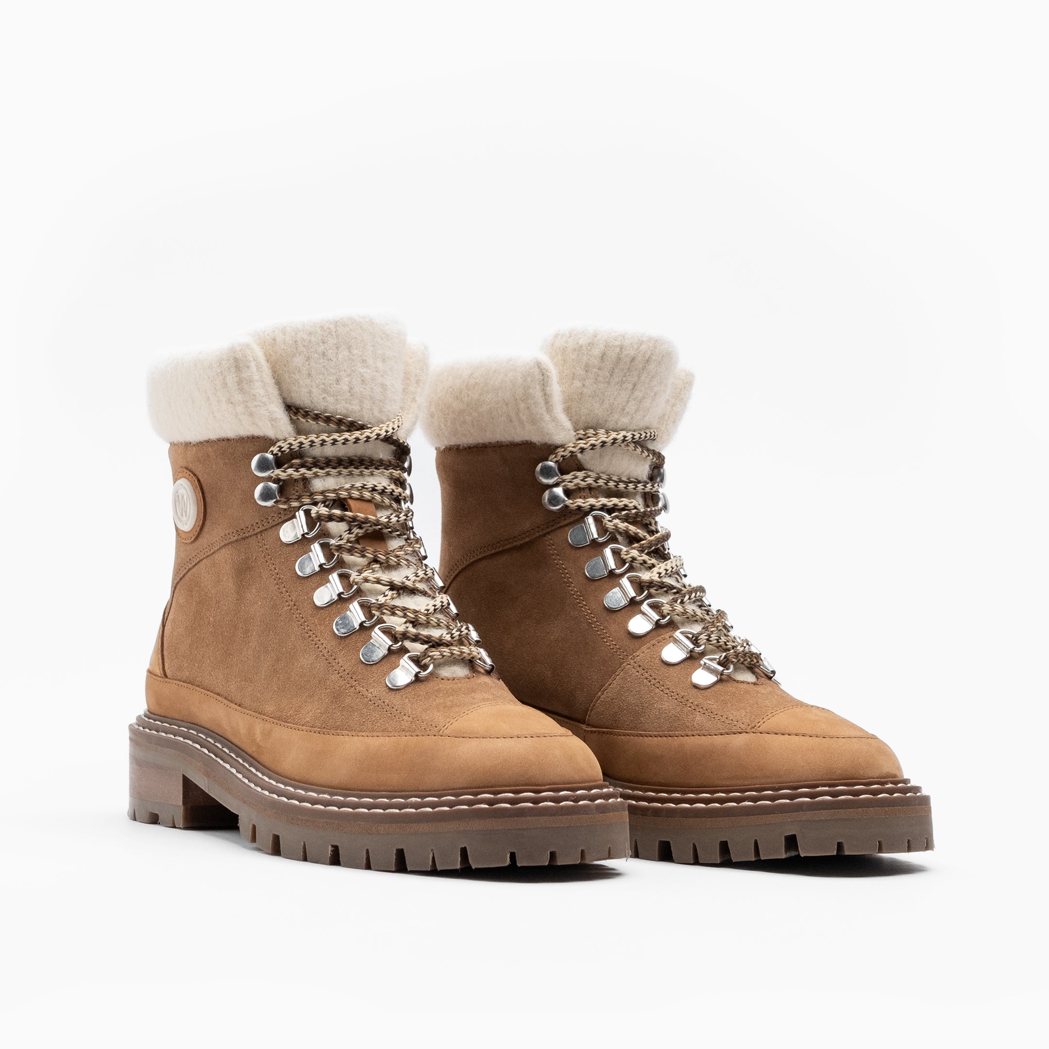 Walk London Women's Marina Knitted Collar Hiking Boot in Tan Suede