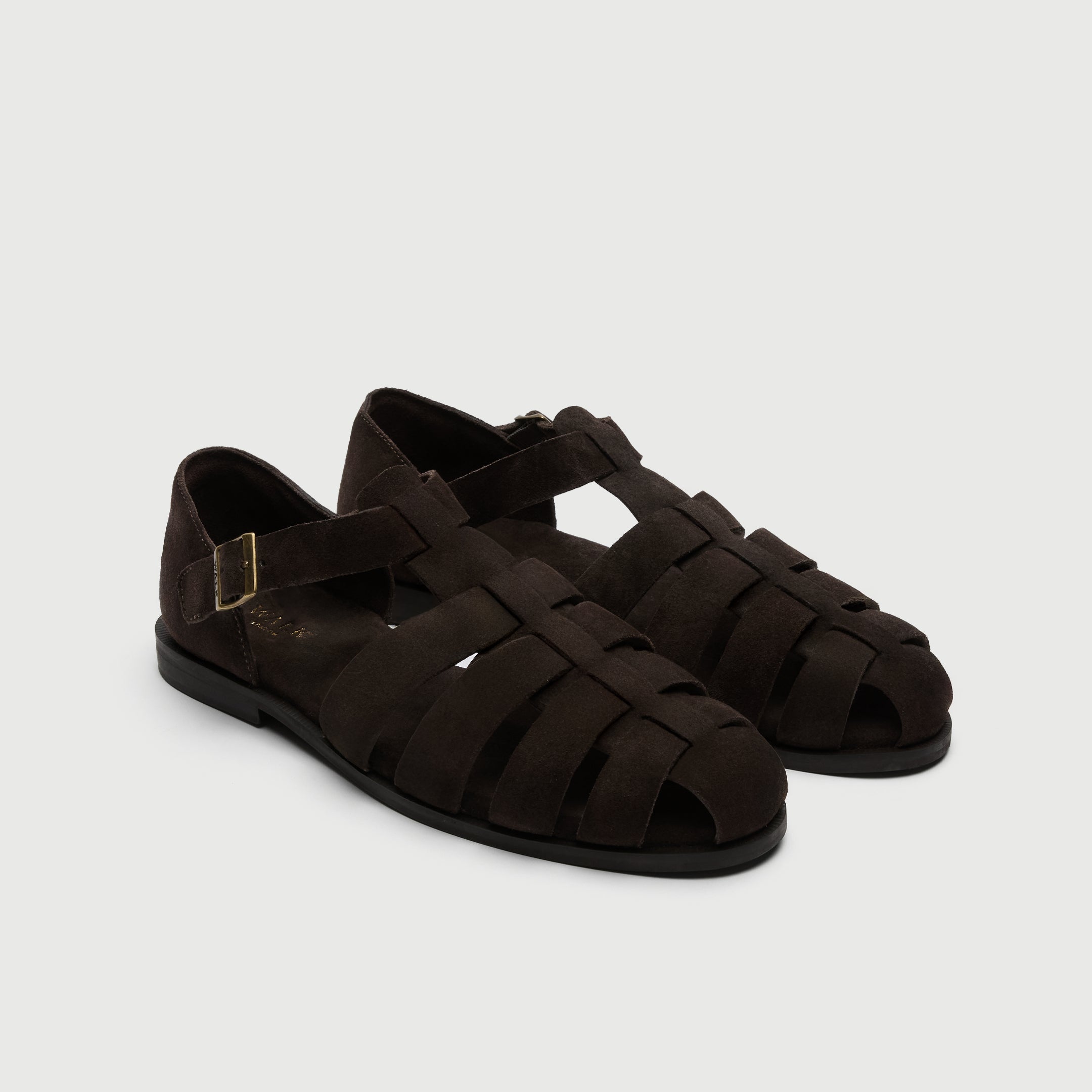 Video of man wearing Walk London Promenade Dark Brown Suede Sandals with cream trousers