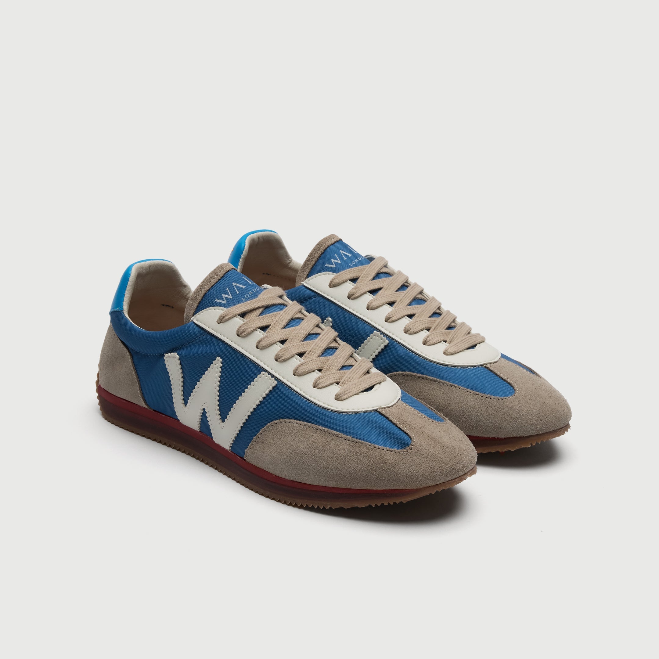 Walk London Retro Runner Trainer in grey suede and blue textile with white W and laces three quarter view
