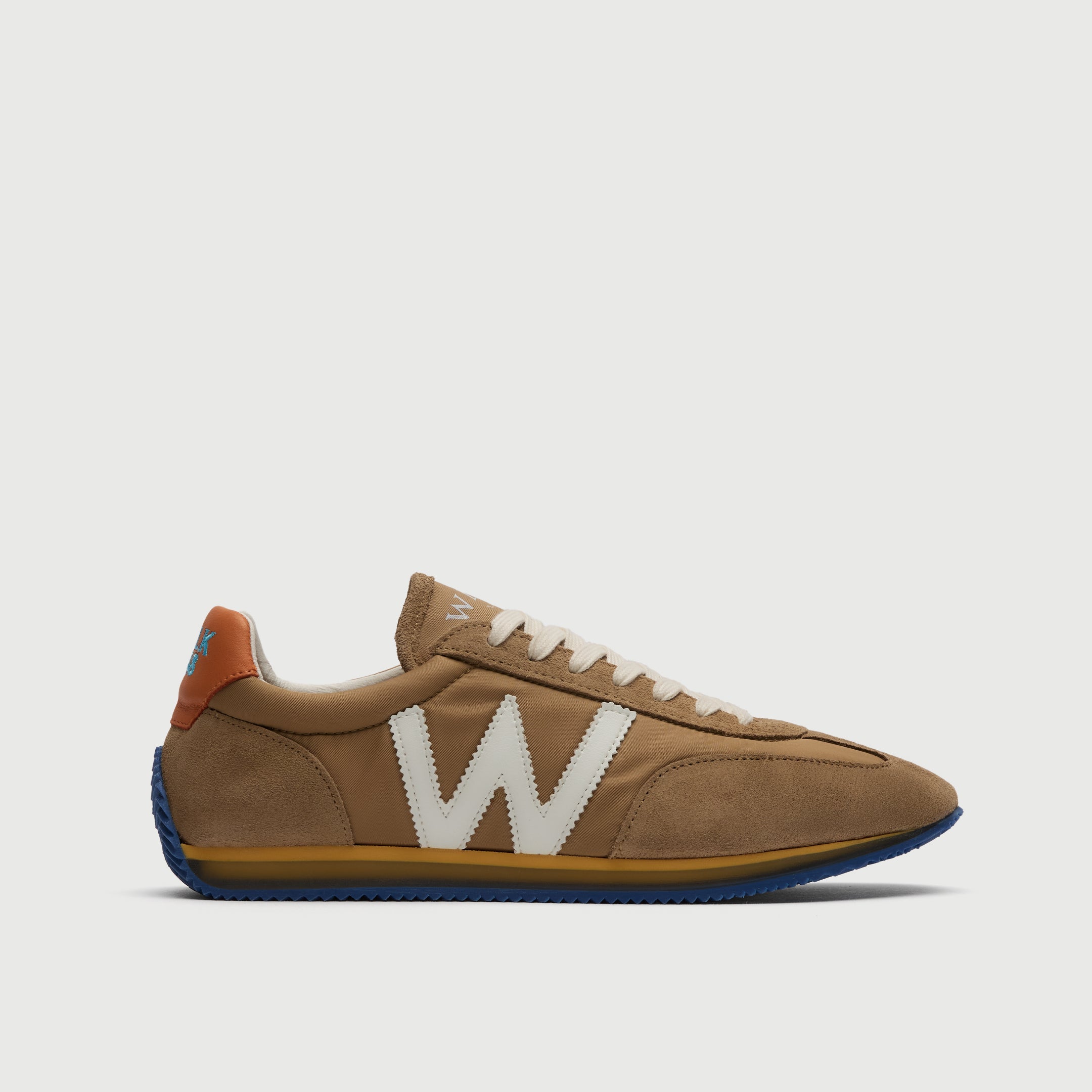 Walk London Retro Runner Trainer in Stone suede and textile with white W and laces side view